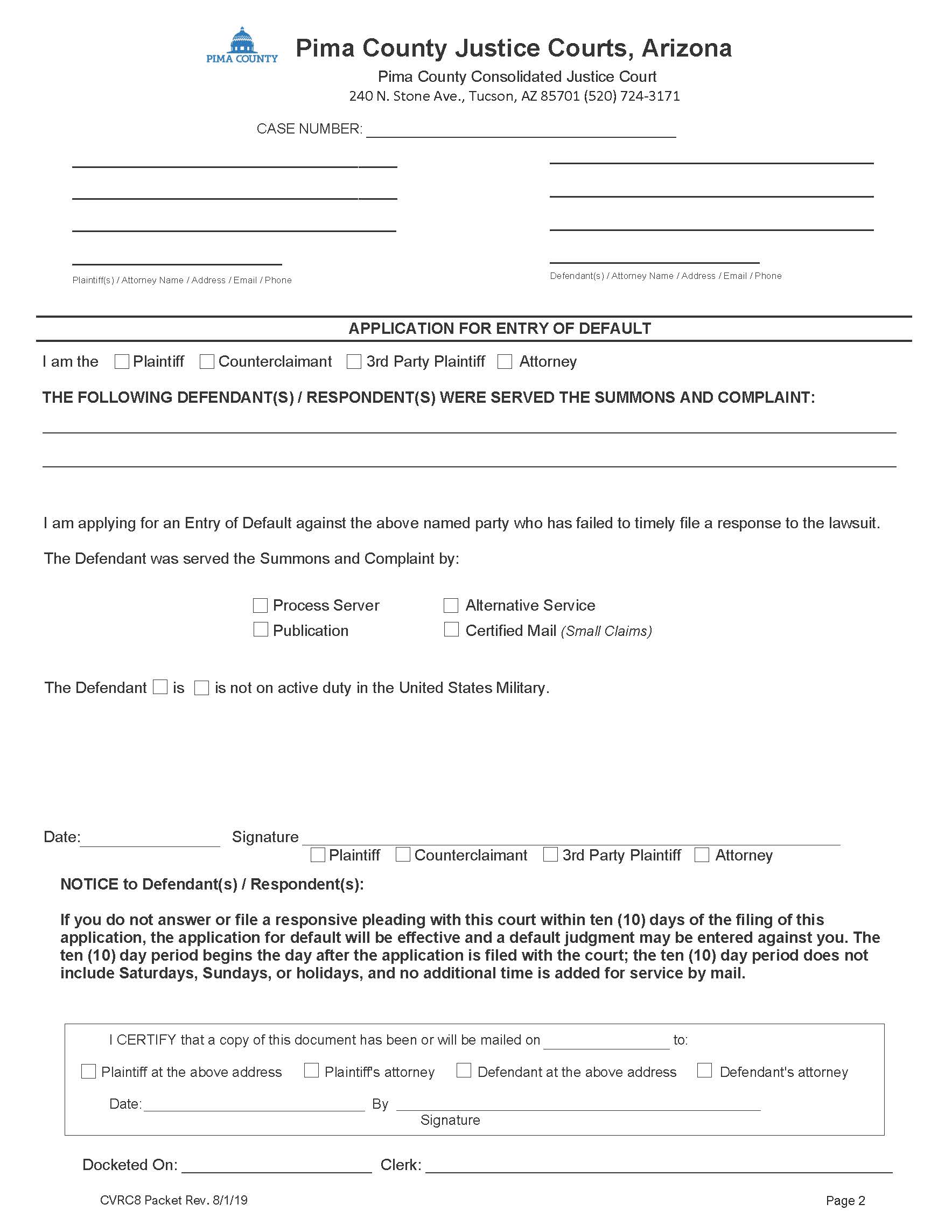 Application For Entry Of Default | Pdf Fpdf Doc Docx | Arizona