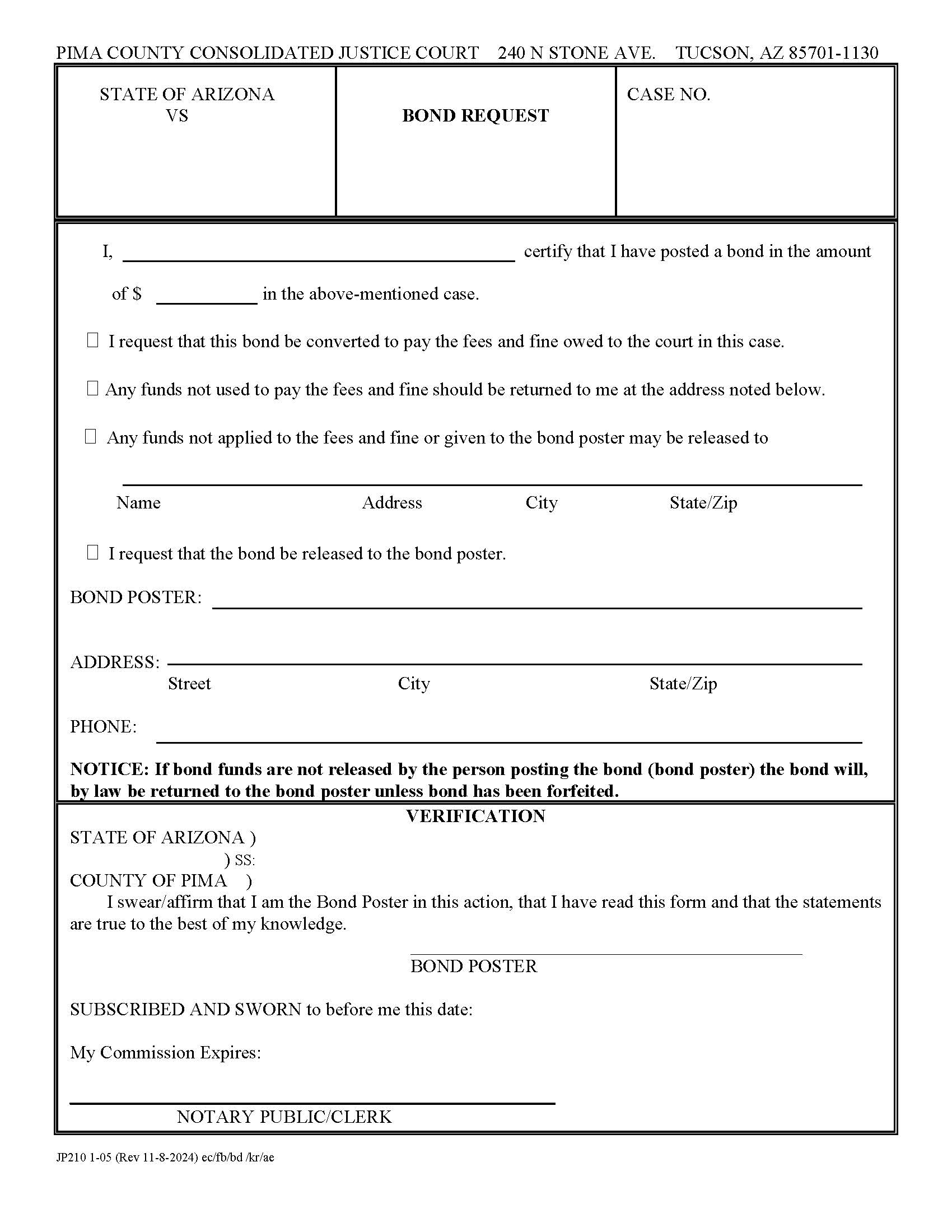 Bond Request {JP-210} | Pdf Fpdf Doc Docx | Arizona