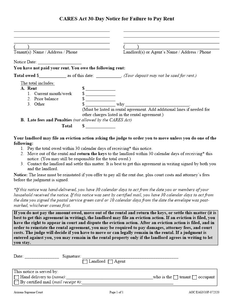 CARES Act 30 Day Notice For Failure To Pay Rent | Pdf Fpdf Docx | Arizona