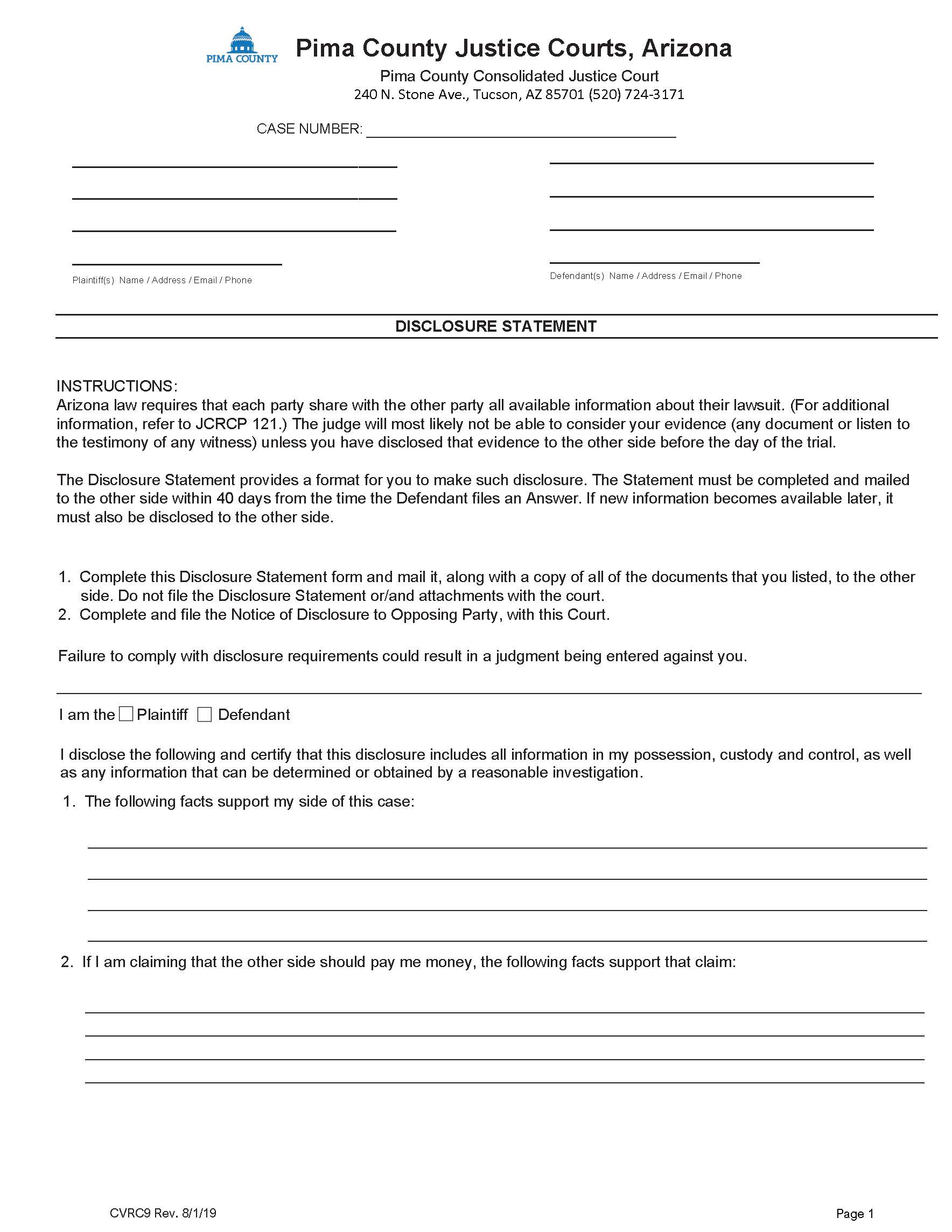 Disclosure Statement {CVRC9} | Pdf Fpdf Doc Docx | Arizona