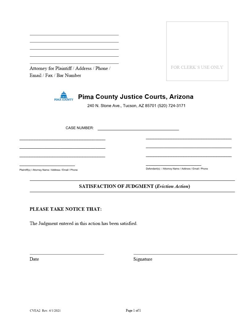 Eviction Satisfaction of Judgment {CVEA2} | Pdf Fpdf Docx | Arizona