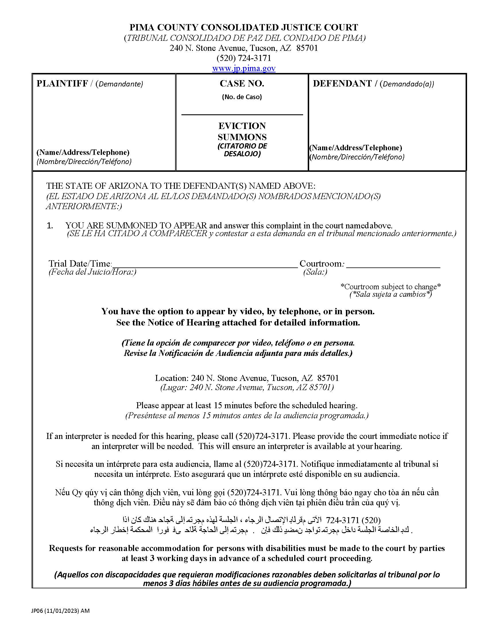 Eviction Summons And Complaint {JP-06} | Pdf Fpdf Docx | Arizona
