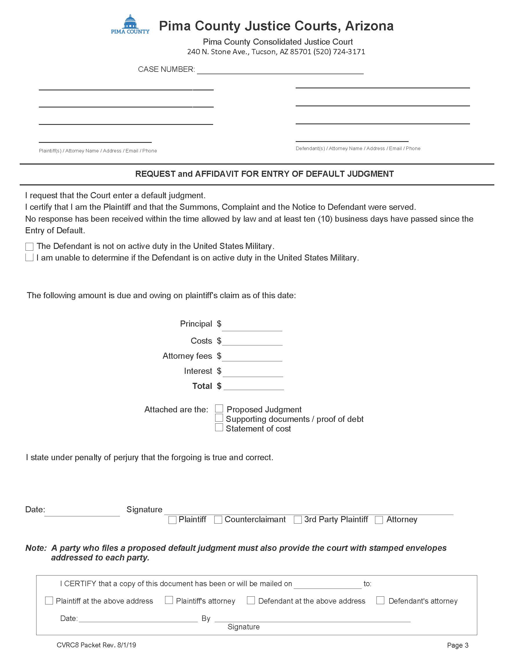 Request And Affidavit For Entry Of Default Judgment {CVRC8} | Pdf Fpdf Doc Docx | Arizona