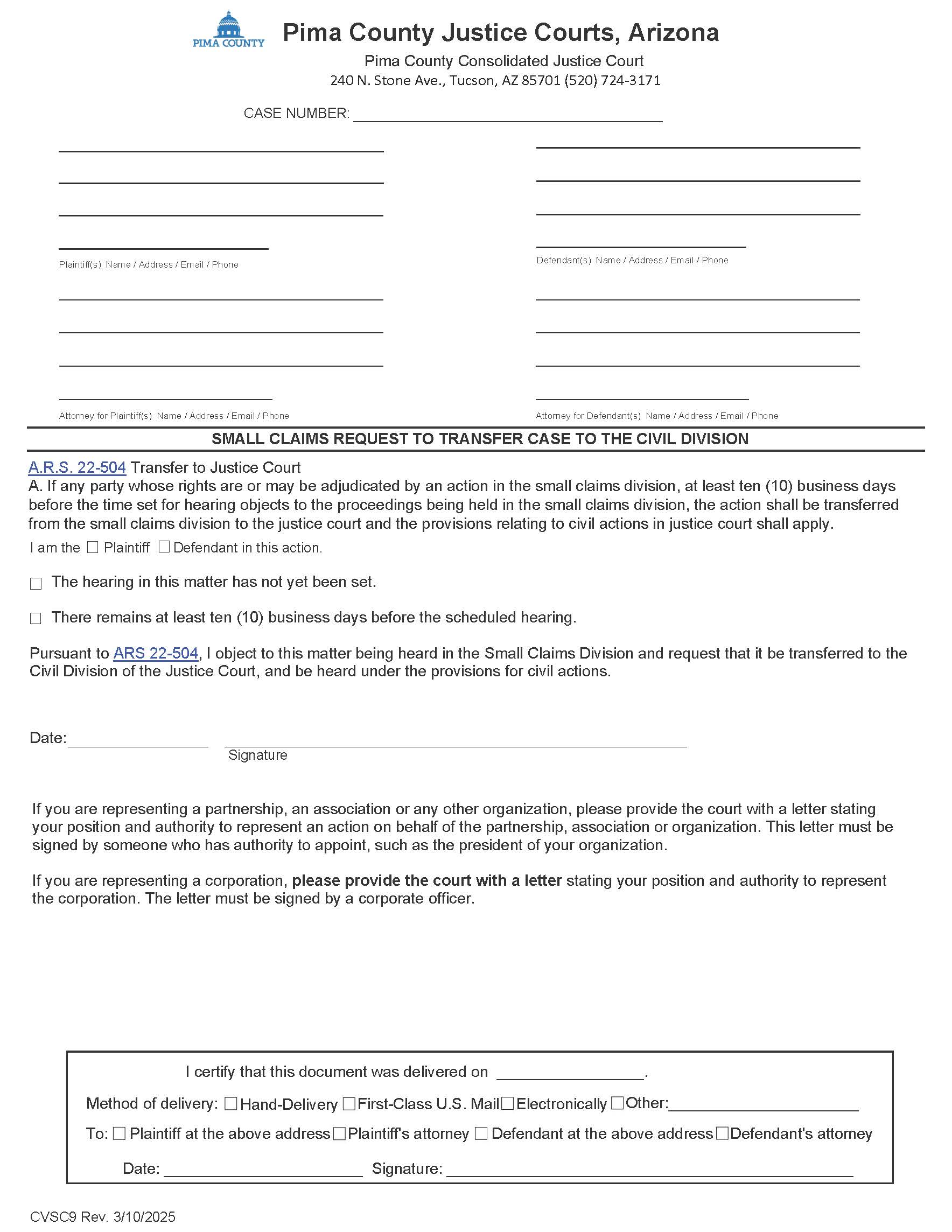 Request To Transfer Case To The Civil Division {CVSC9} | Pdf Fpdf Doc Docx | Arizona