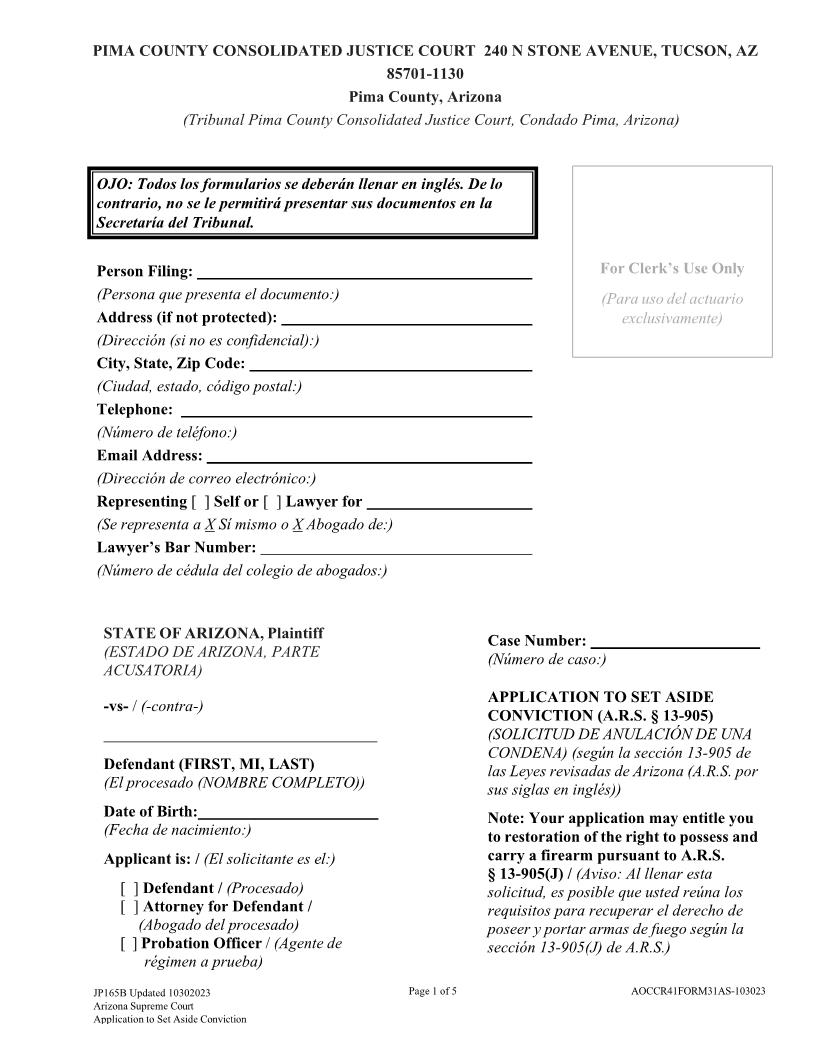 Application to Set Aside Conviction {JP165B} | Pdf Fpdf Docx | Arizona