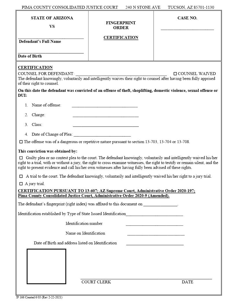 Certification Fingerprint Order Form {JP166} | Pdf Fpdf Docx | Arizona