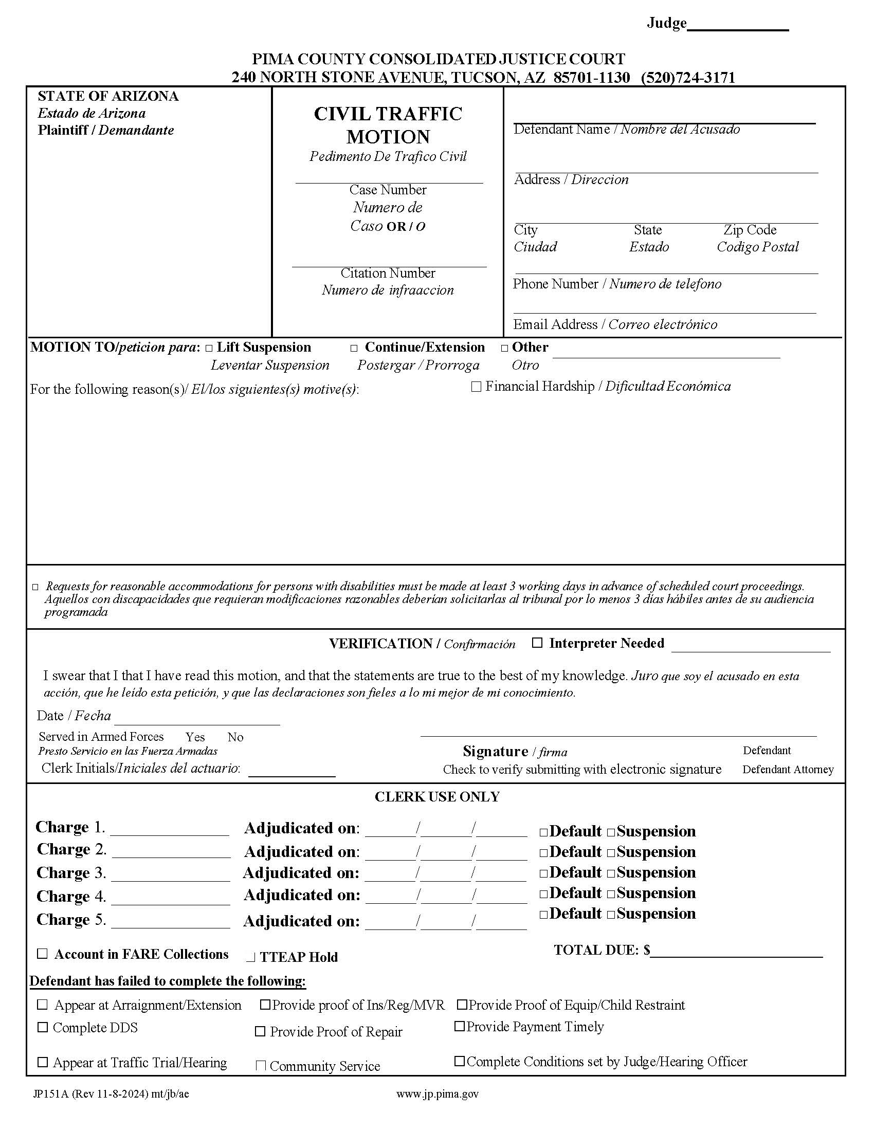 Civil Traffic Motion {JP-151A} | Pdf Fpdf Doc Docx | Arizona