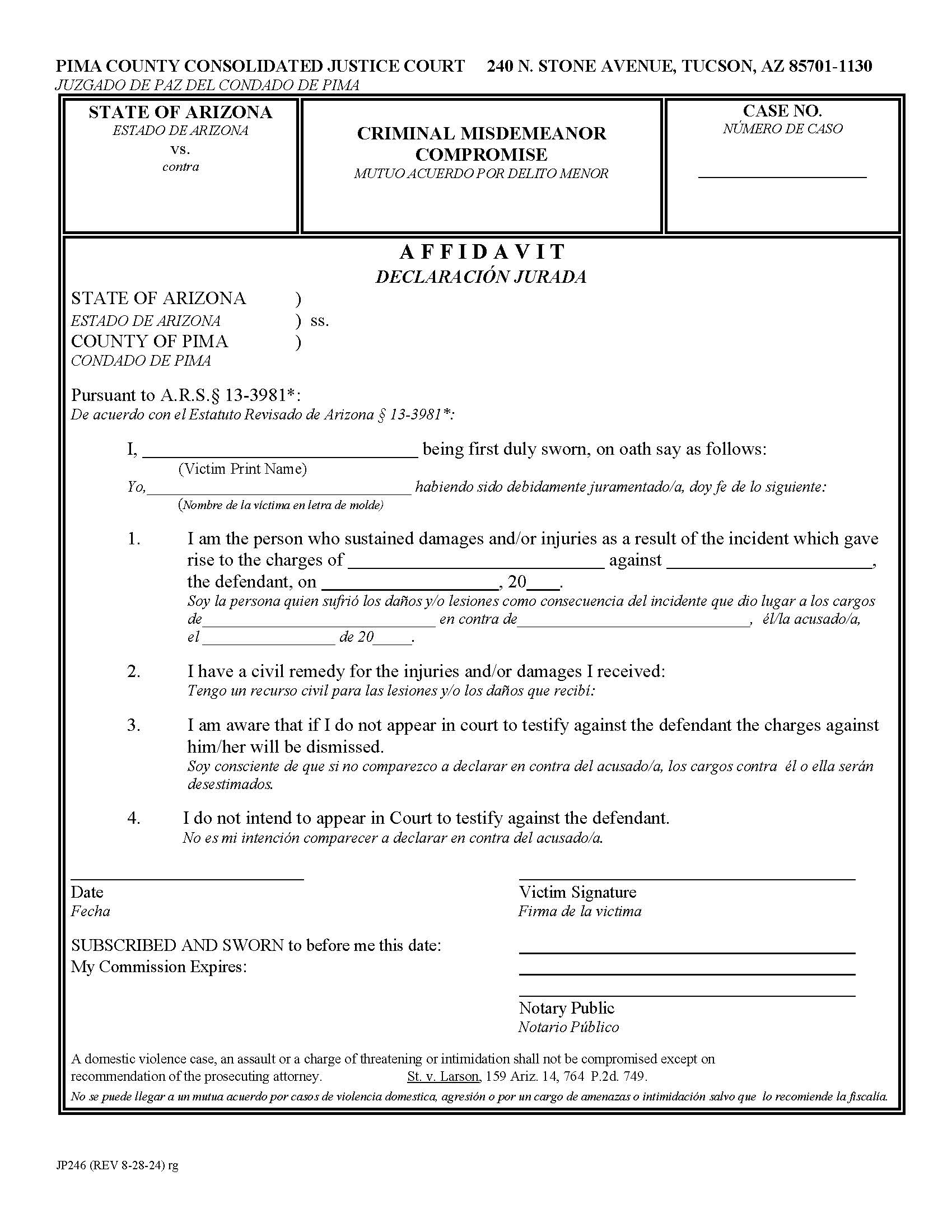 Criminal Misdemeanor Compromise {JP246} | Pdf Fpdf Doc Docx | Arizona