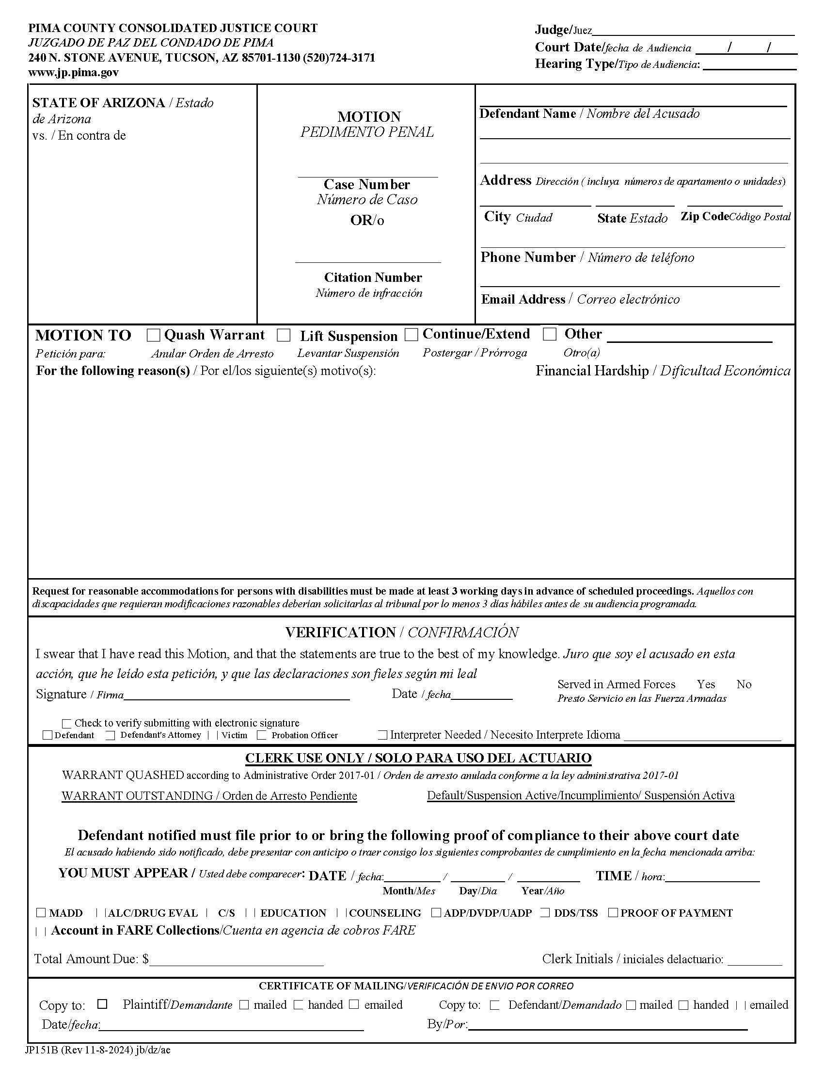 Criminal Motion {JP151B} | Pdf Fpdf Doc Docx | Arizona