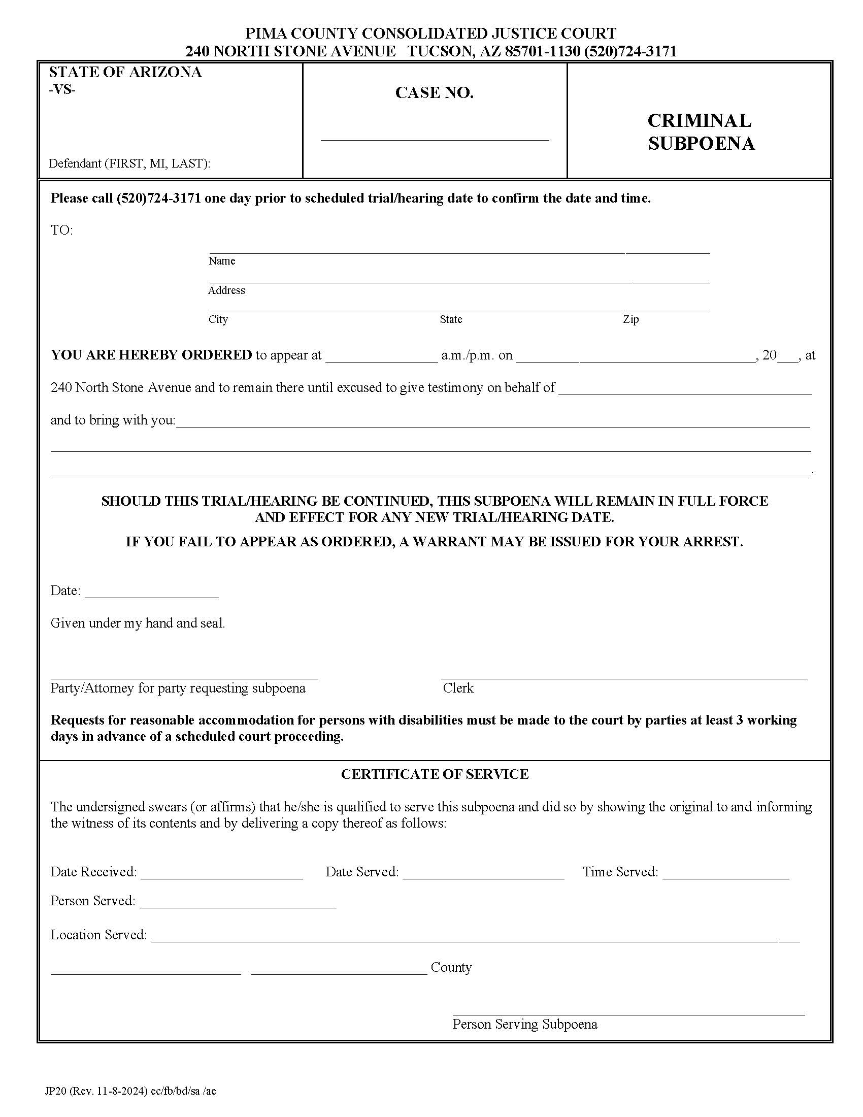 Criminal Subpoena {JP20} | Pdf Fpdf Doc Docx | Arizona