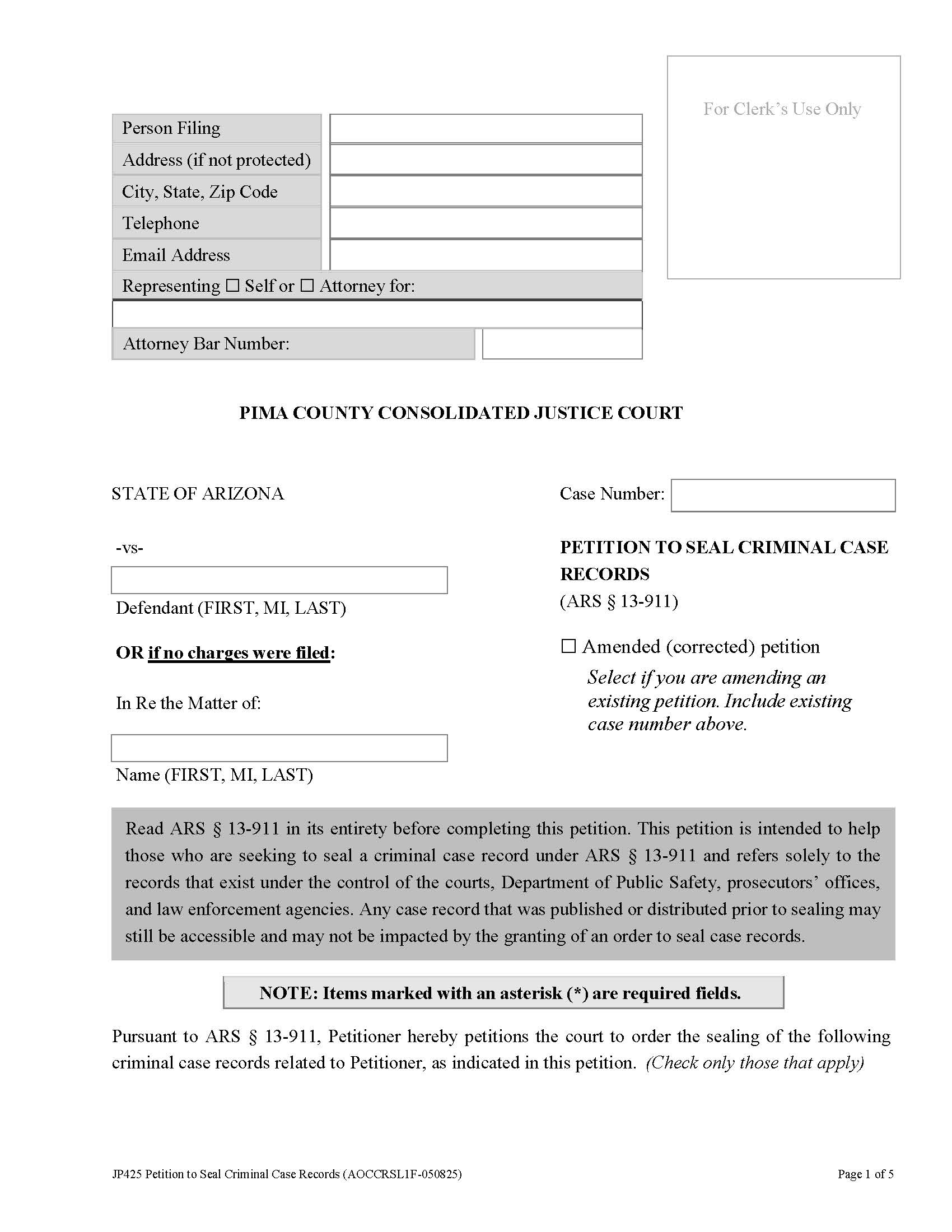 Petition To Seal Criminal Case Records {JP 425} | Pdf Fpdf Docx | Arizona