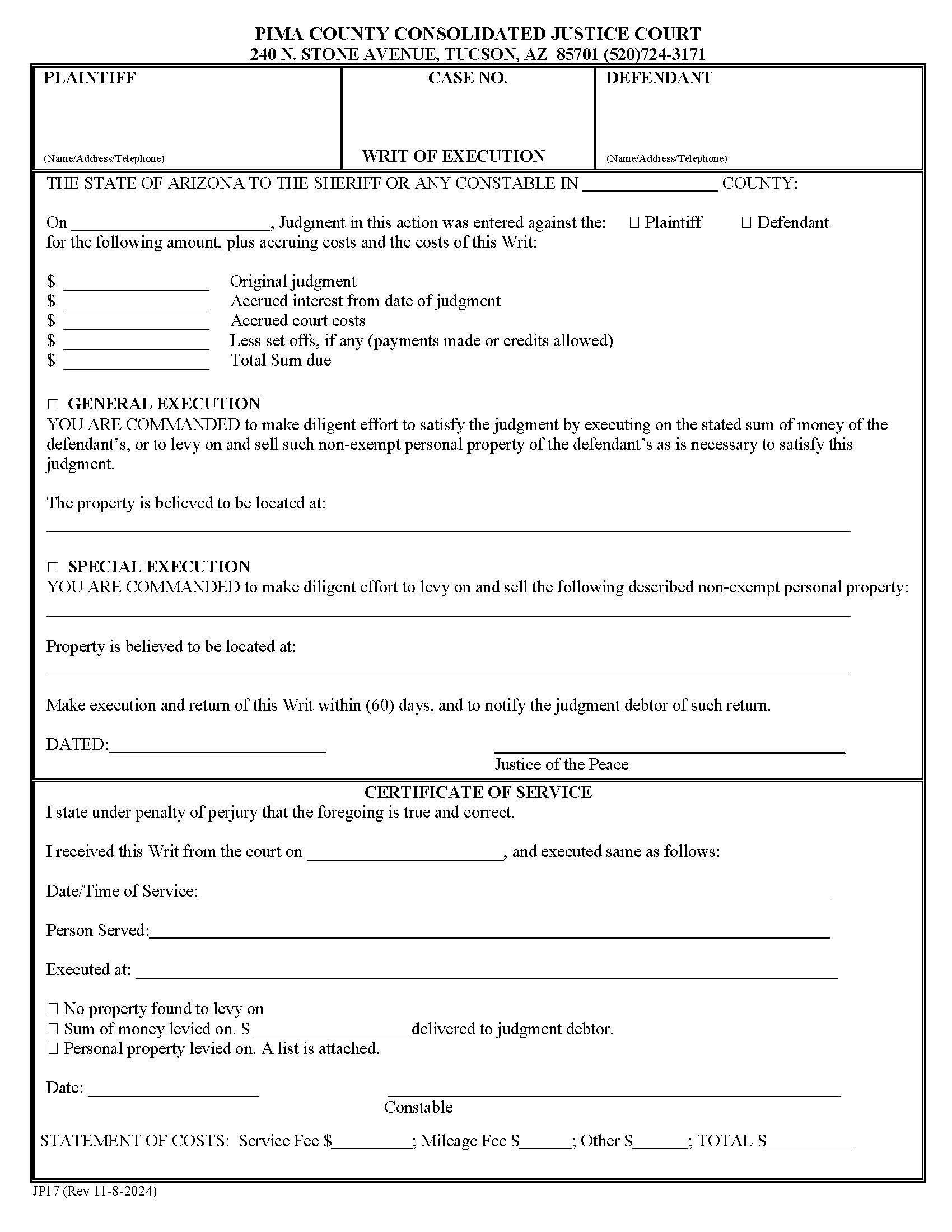 Writ Of Execution {JP407} | Pdf Fpdf Doc Docx | Arizona