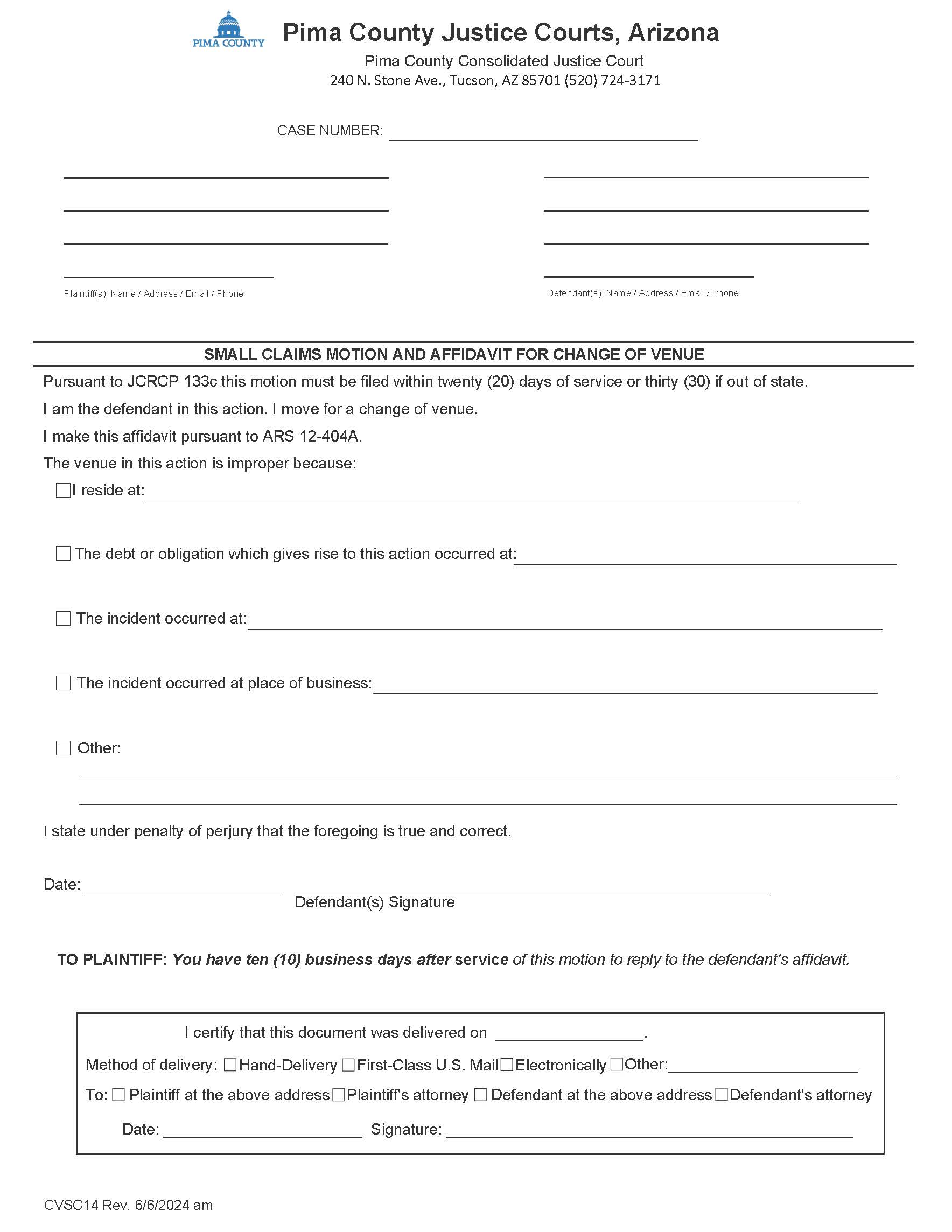 Motion And Affidavit For Change Of Venue {CVSC14} | Pdf Fpdf Docx | Arizona