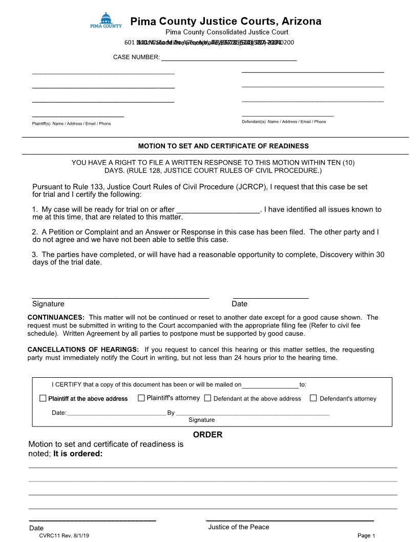 Motion To Set And Certificate Of Readiness {CVRC11} | Pdf Fpdf Docx | Arizona