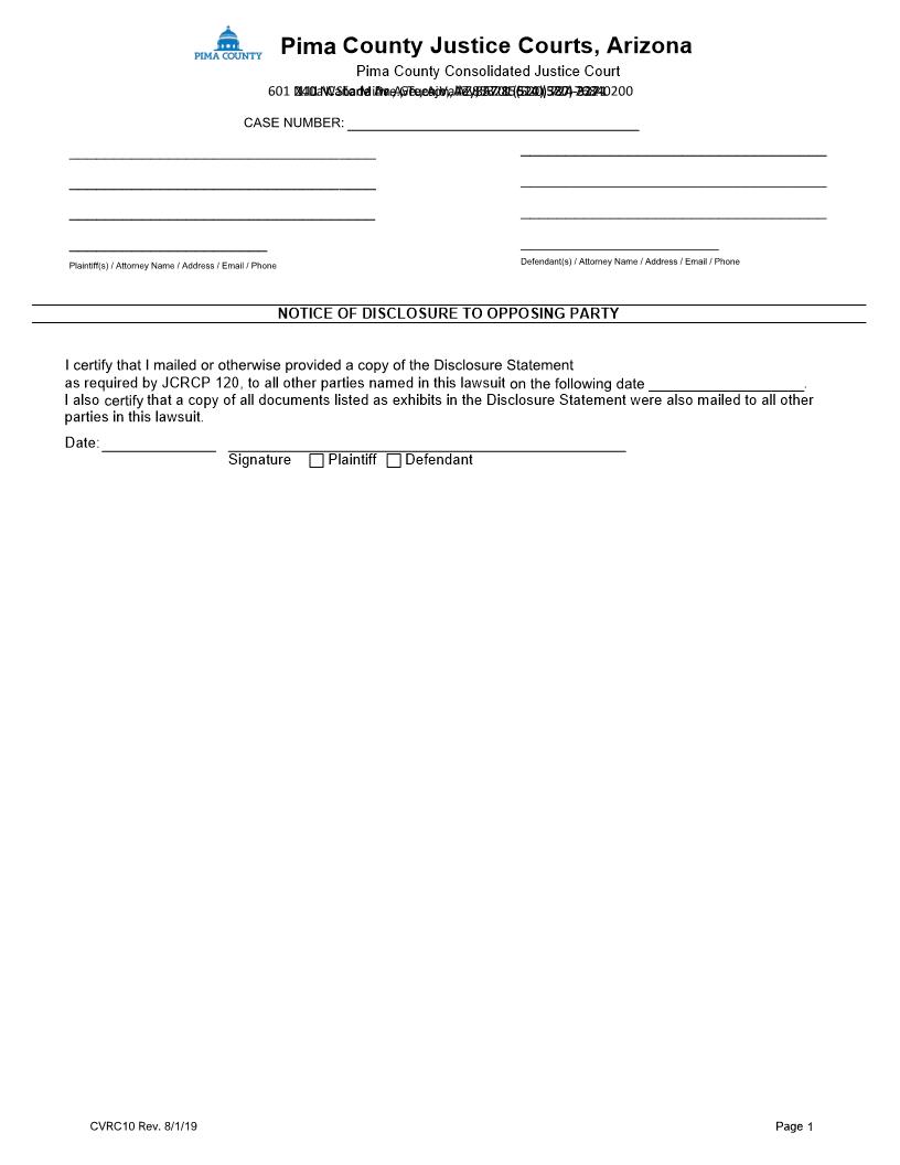 Notice Of Disclosure To Opposing Party | Pdf Fpdf Docx | Arizona