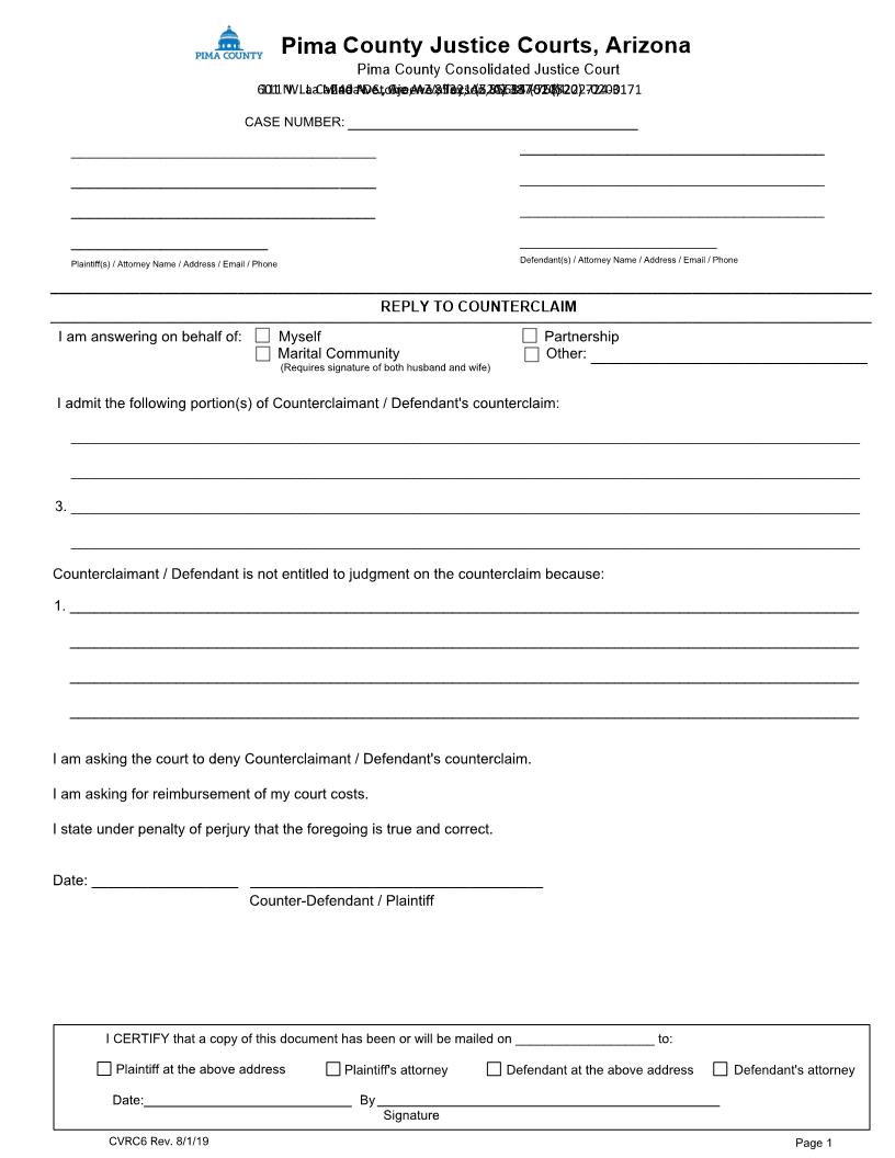Reply To Counterclaim {CVRC6} | Pdf Fpdf Docx | Arizona