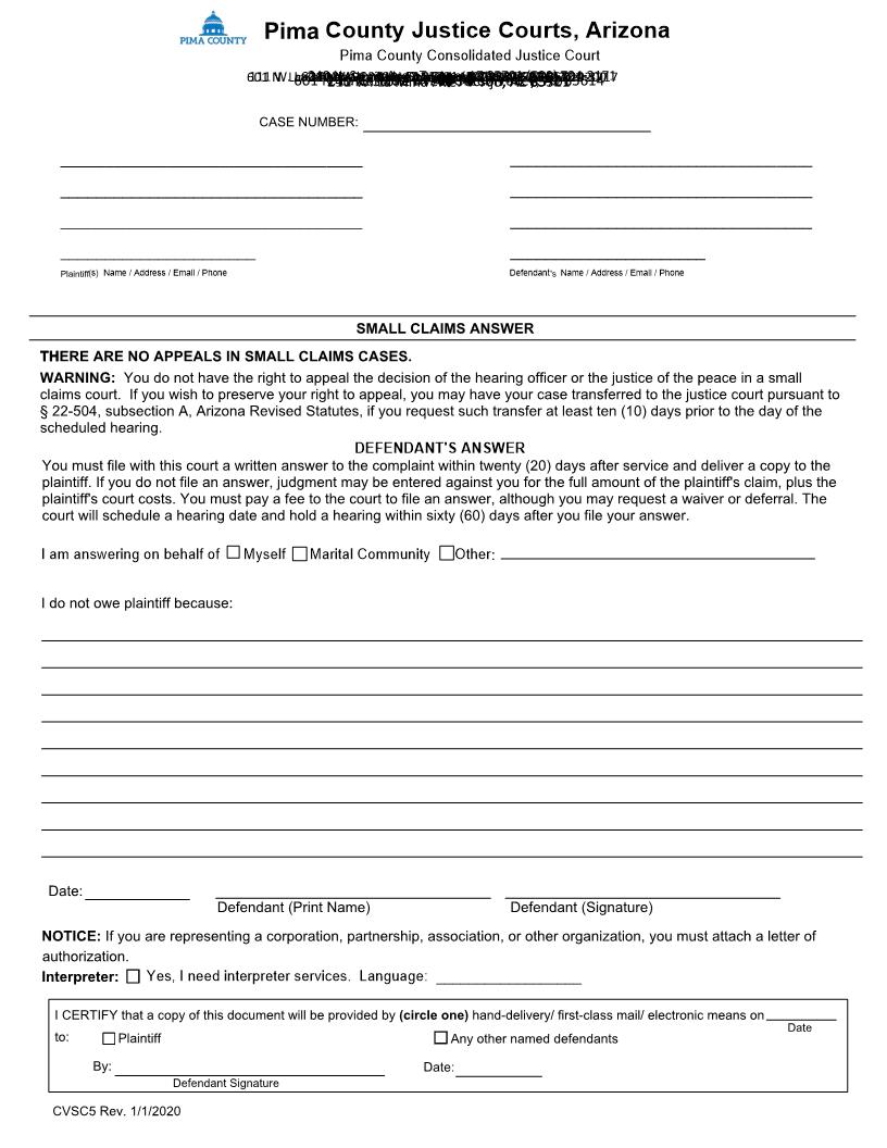 Small Claims Answer {CVSC5} | Pdf Fpdf Docx | Arizona
