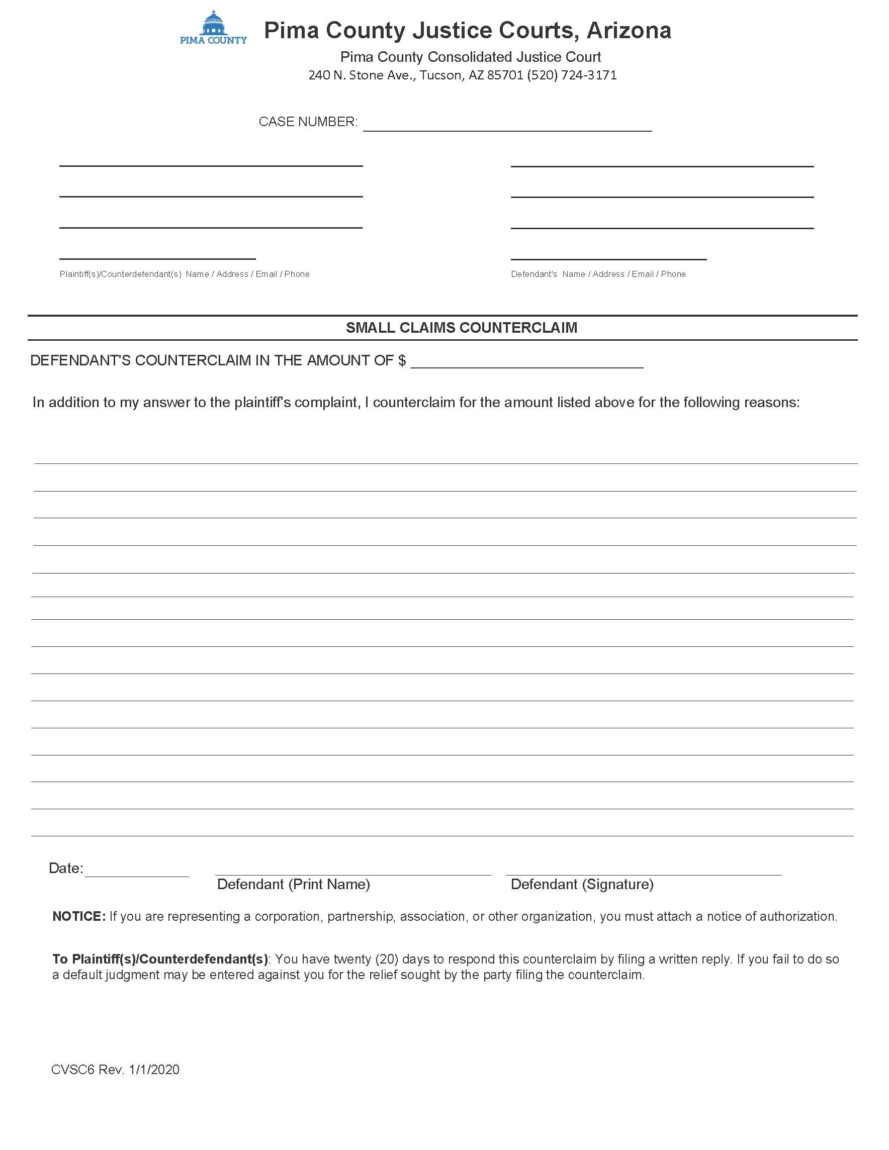 Small Claims Counterclaim {CVSC6} | Pdf Fpdf Doc Docx | Arizona