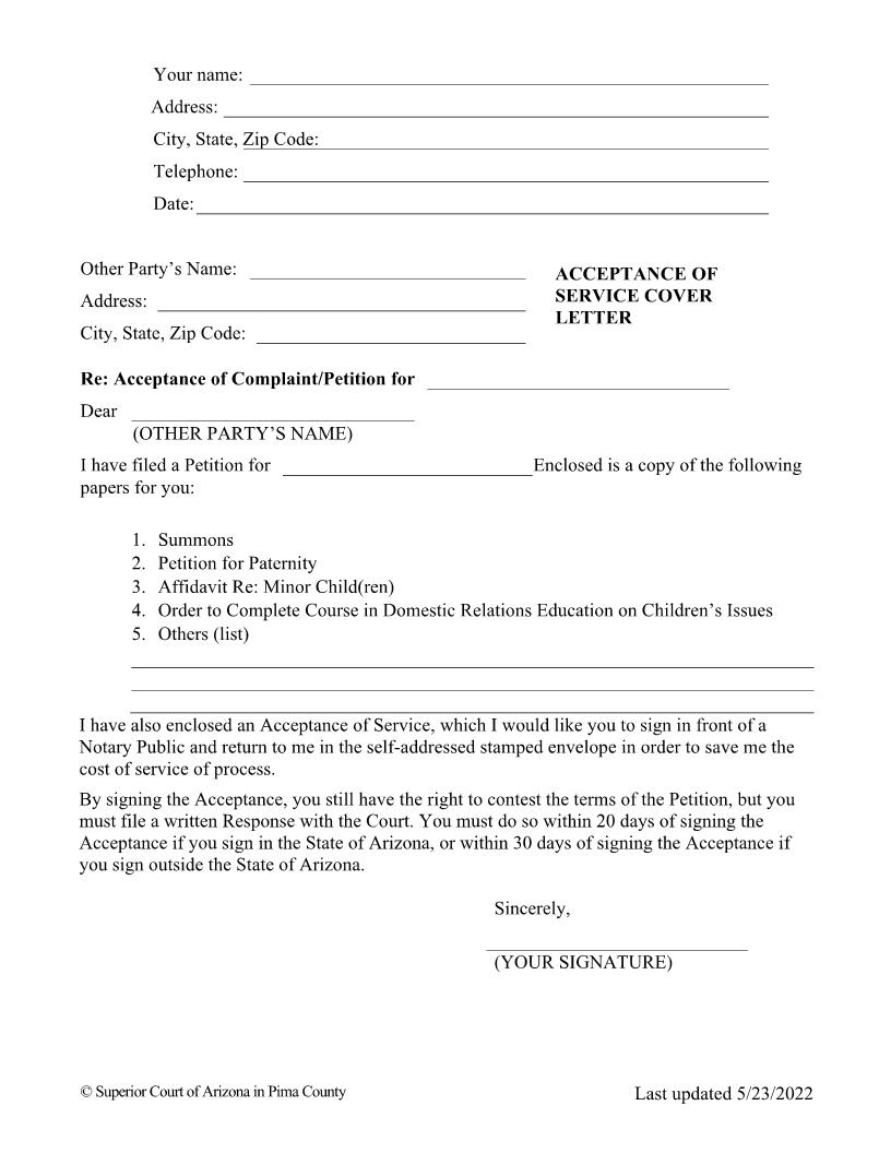 Acceptance Of Service Cover Letter | Pdf Fpdf Docx | Arizona