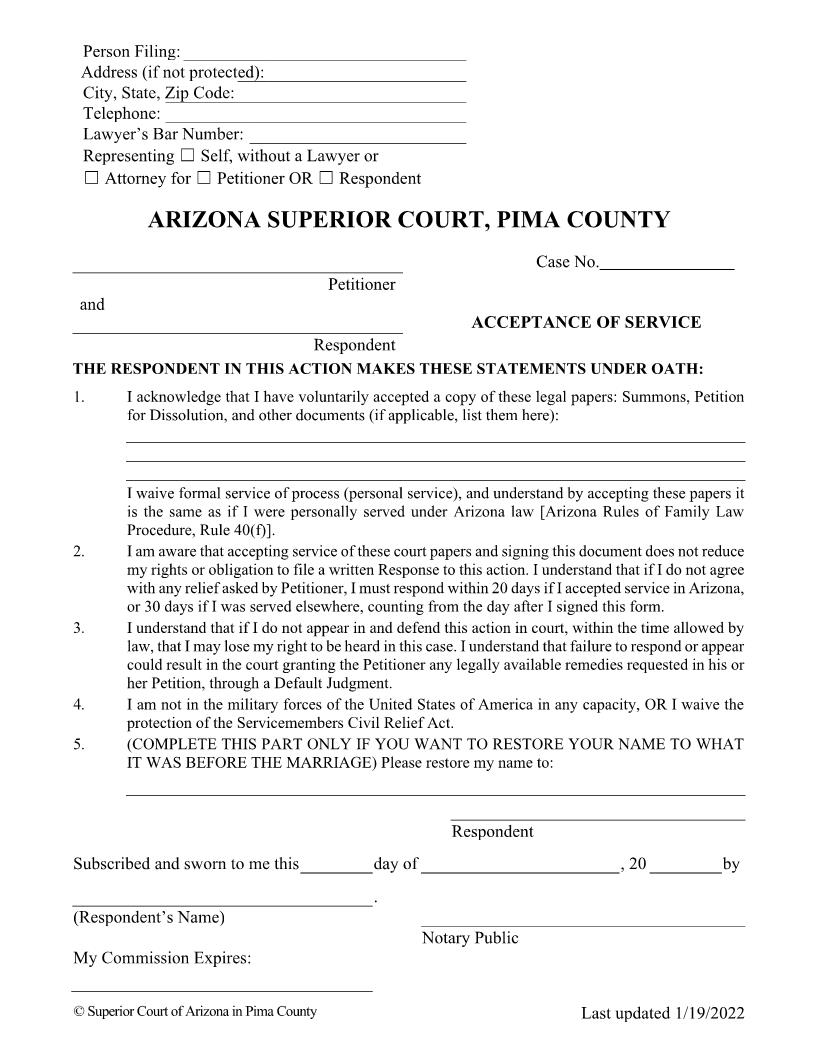 Acceptance Of Service Dissolution | Pdf Fpdf Doc Docx | Arizona