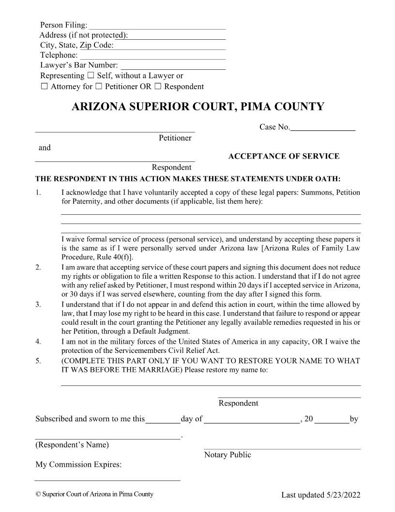 Acceptance Of Service Paternity | Pdf Fpdf Doc Docx | Arizona