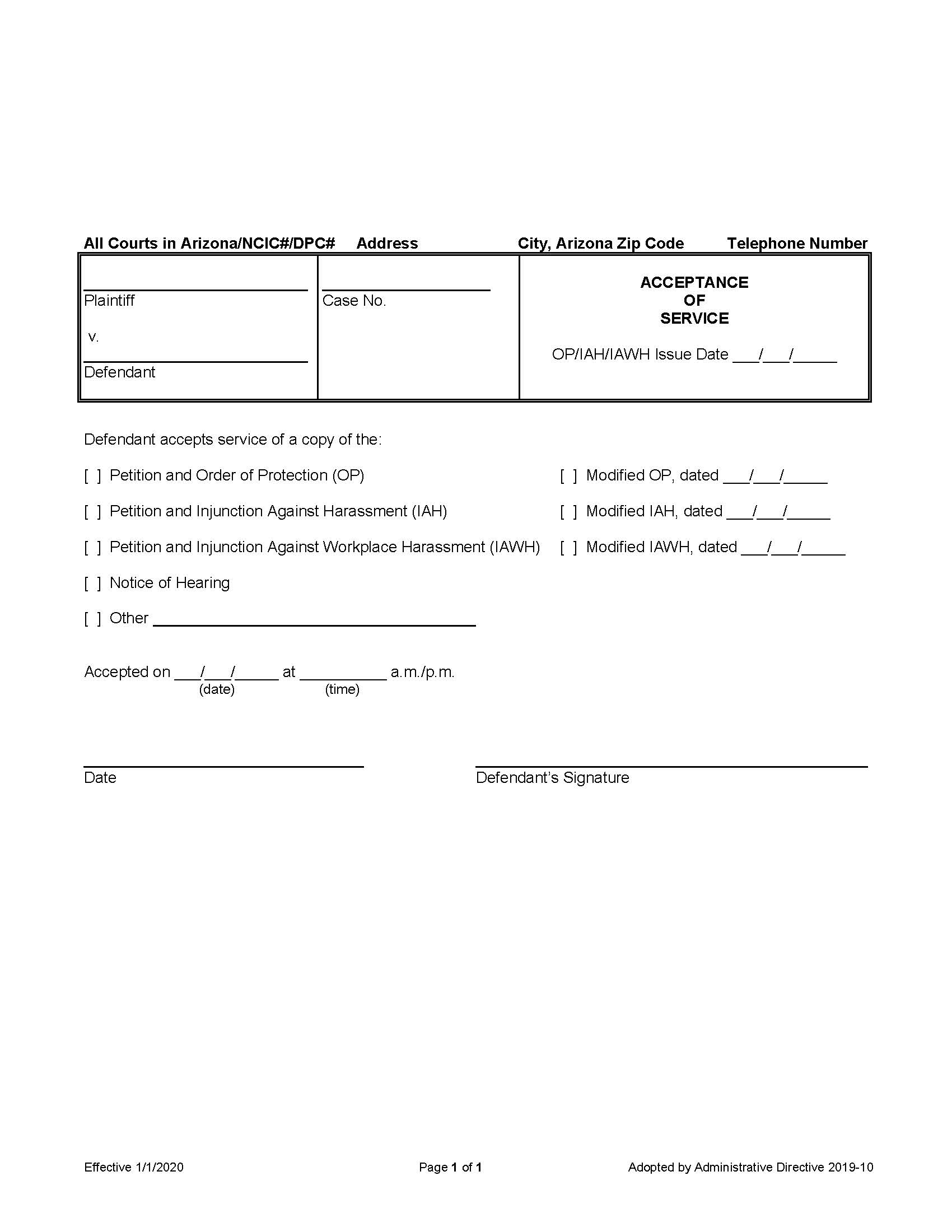 Acceptance Of Service Protection Orders Injunctions Against Harrassment | Pdf Fpdf Doc Docx | Arizona