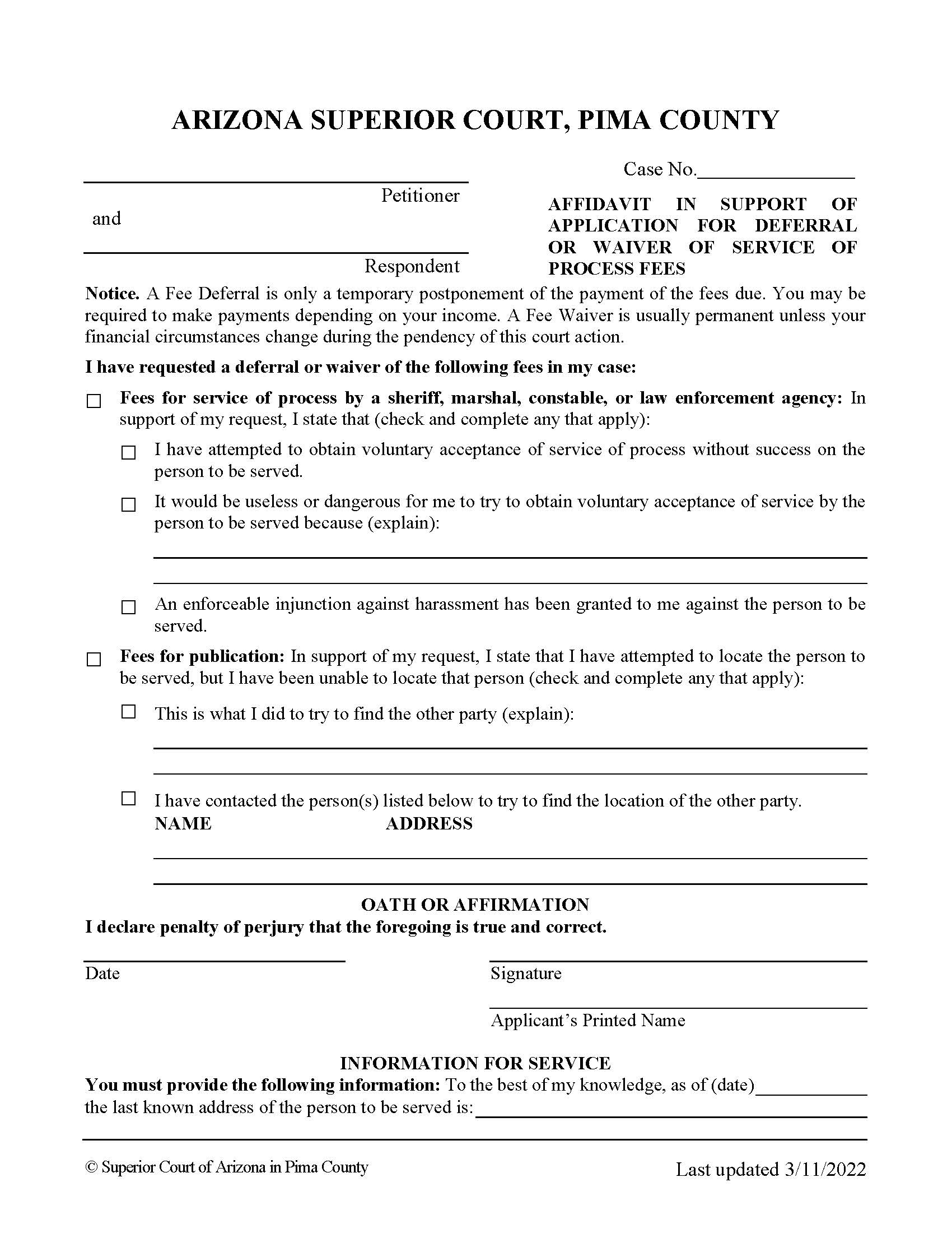Affidavit In Support Of Application For Deferral | Pdf Fpdf Doc Docx | Arizona
