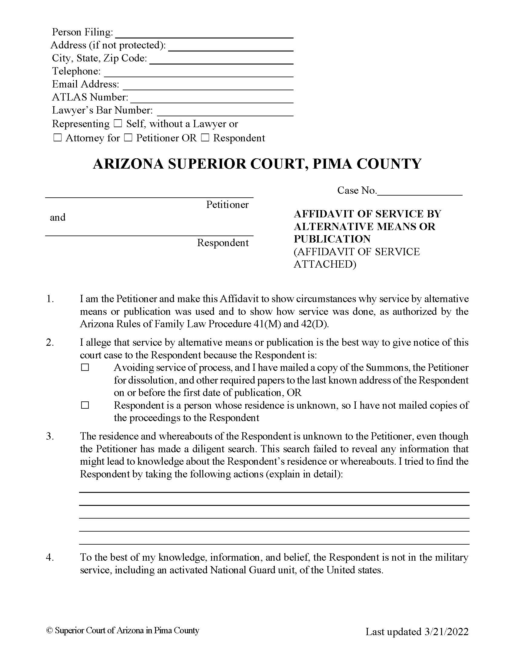 Affidavit Of Service By Alternative Means Or Publication | Pdf Fpdf Docx | Arizona