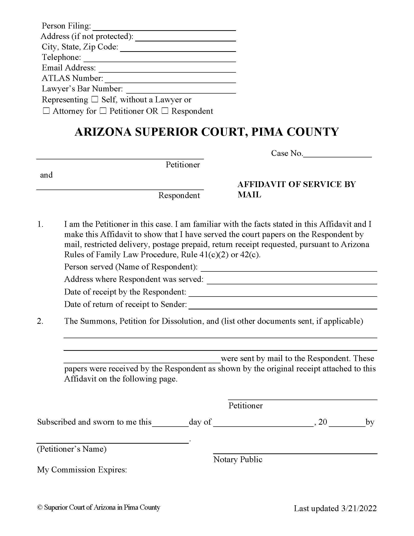 Affidavit Of Service By Mail Dissolution | Pdf Fpdf Doc Docx | Arizona