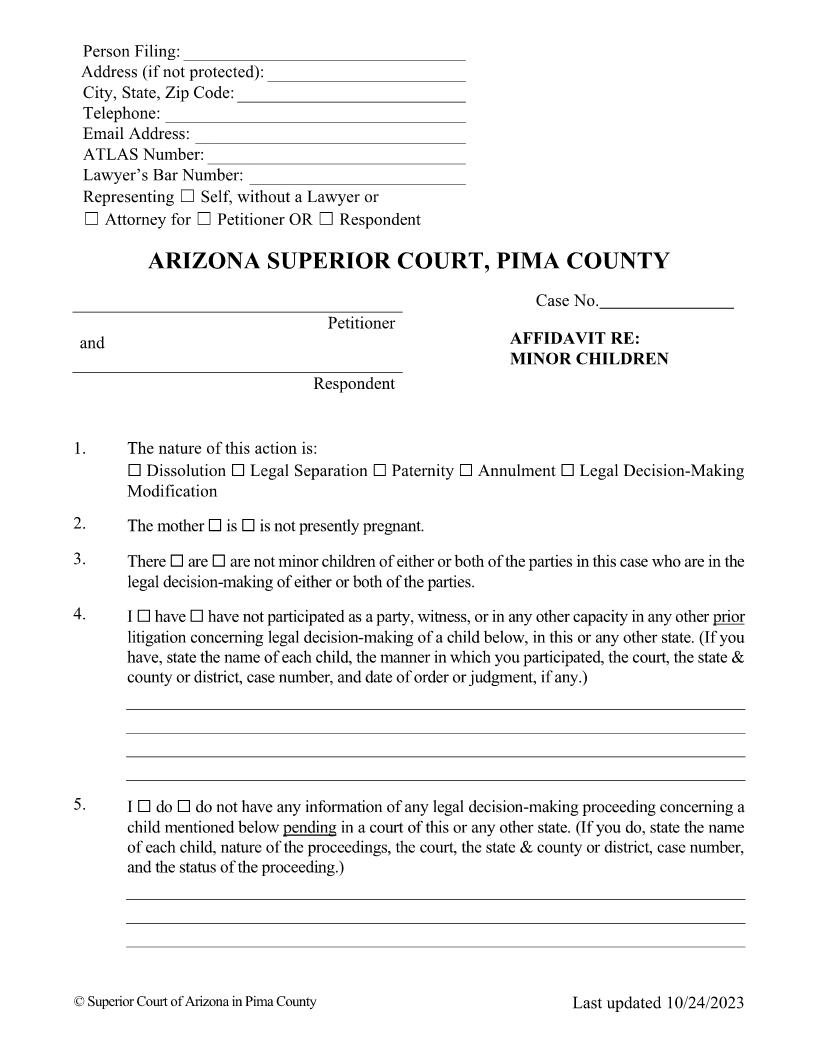 Affidavit Re Minor Children | Pdf Fpdf Doc Docx | Arizona