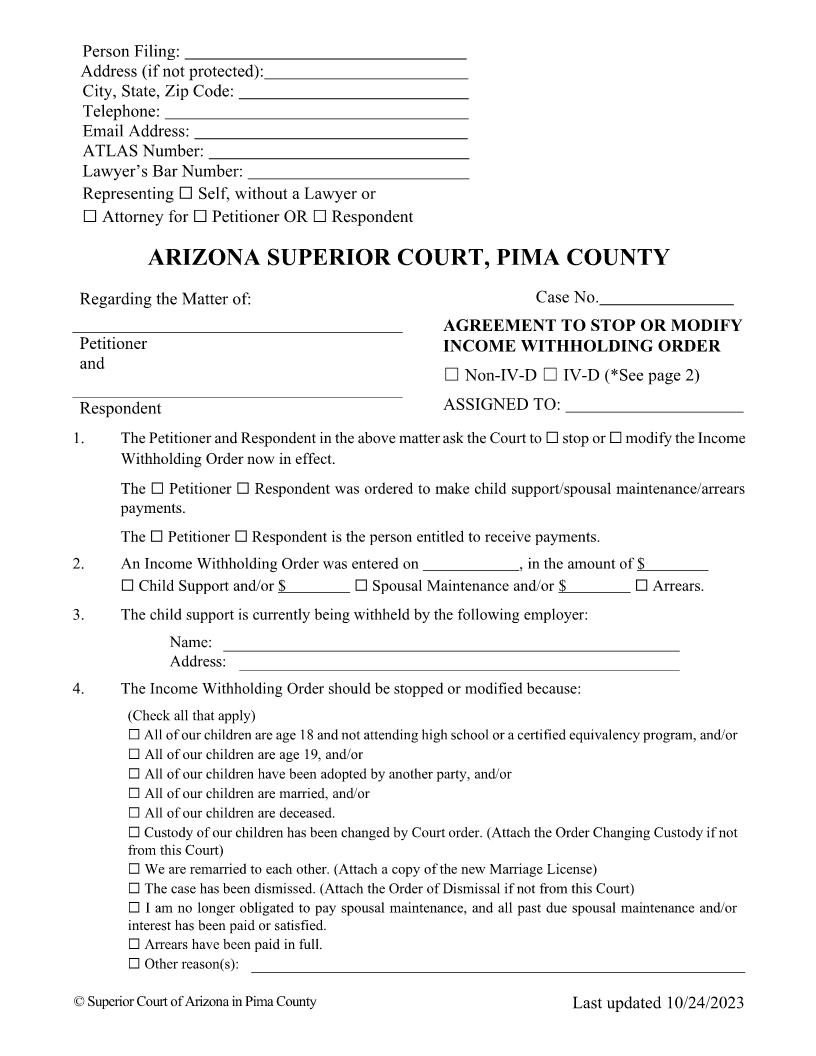 Agreement To Stop Or Modify Income Withholding Order | Pdf Fpdf Doc Docx | Arizona