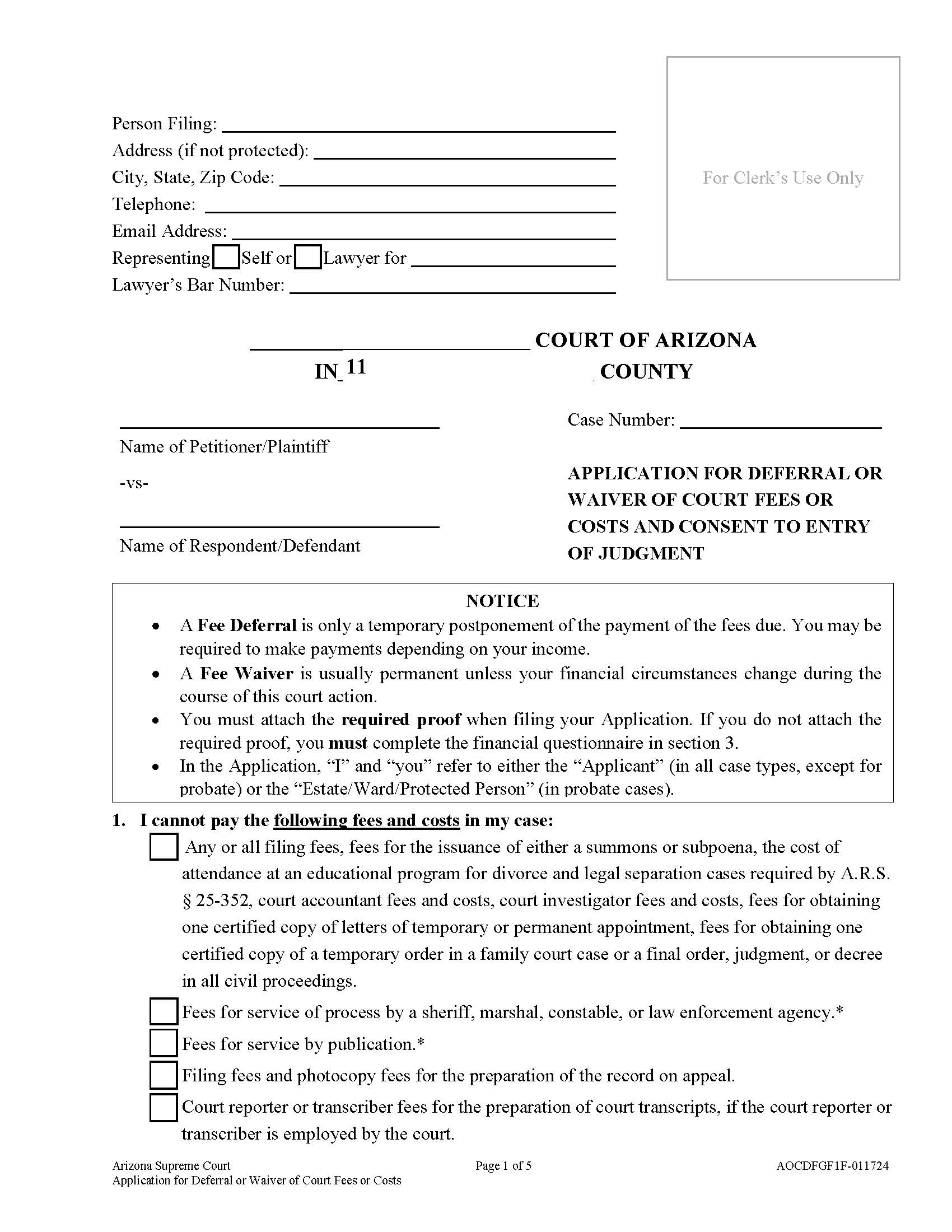 Application For Deferral Or Waiver Of Court Fees Or Costs | Pdf Fpdf Doc Docx | Arizona