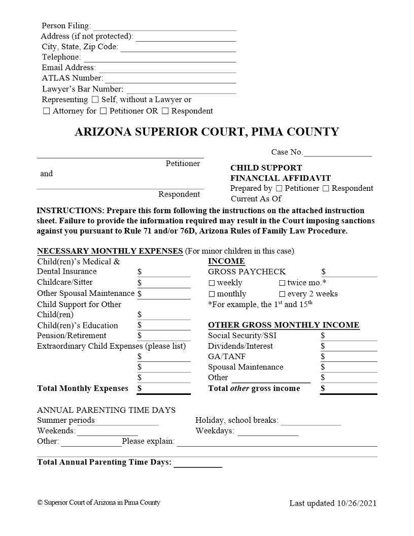 Child Support Financial Affidavit | Pdf Fpdf Doc Docx | Arizona