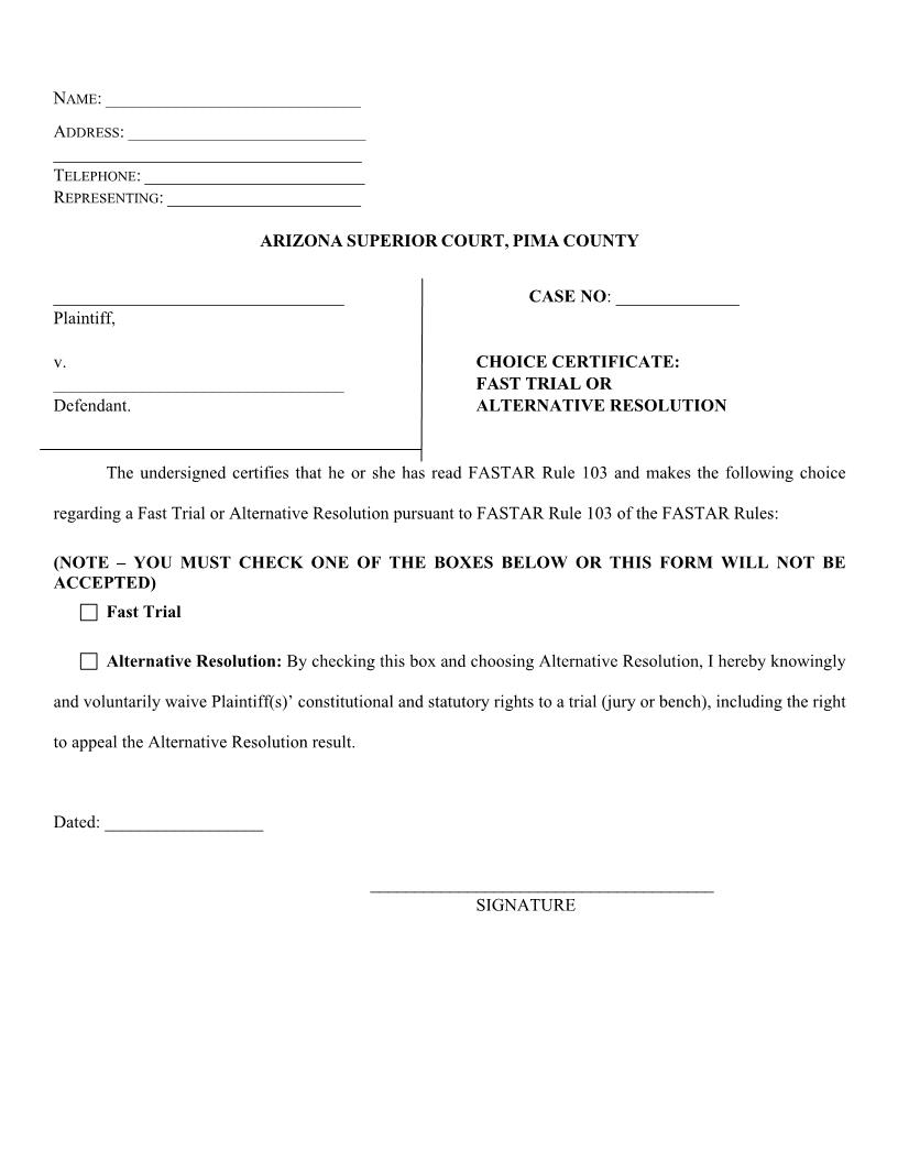 Choice Certificate Fast Trial Or Alternative Resolution {103(b)} | Pdf Fpdf Docx | Arizona