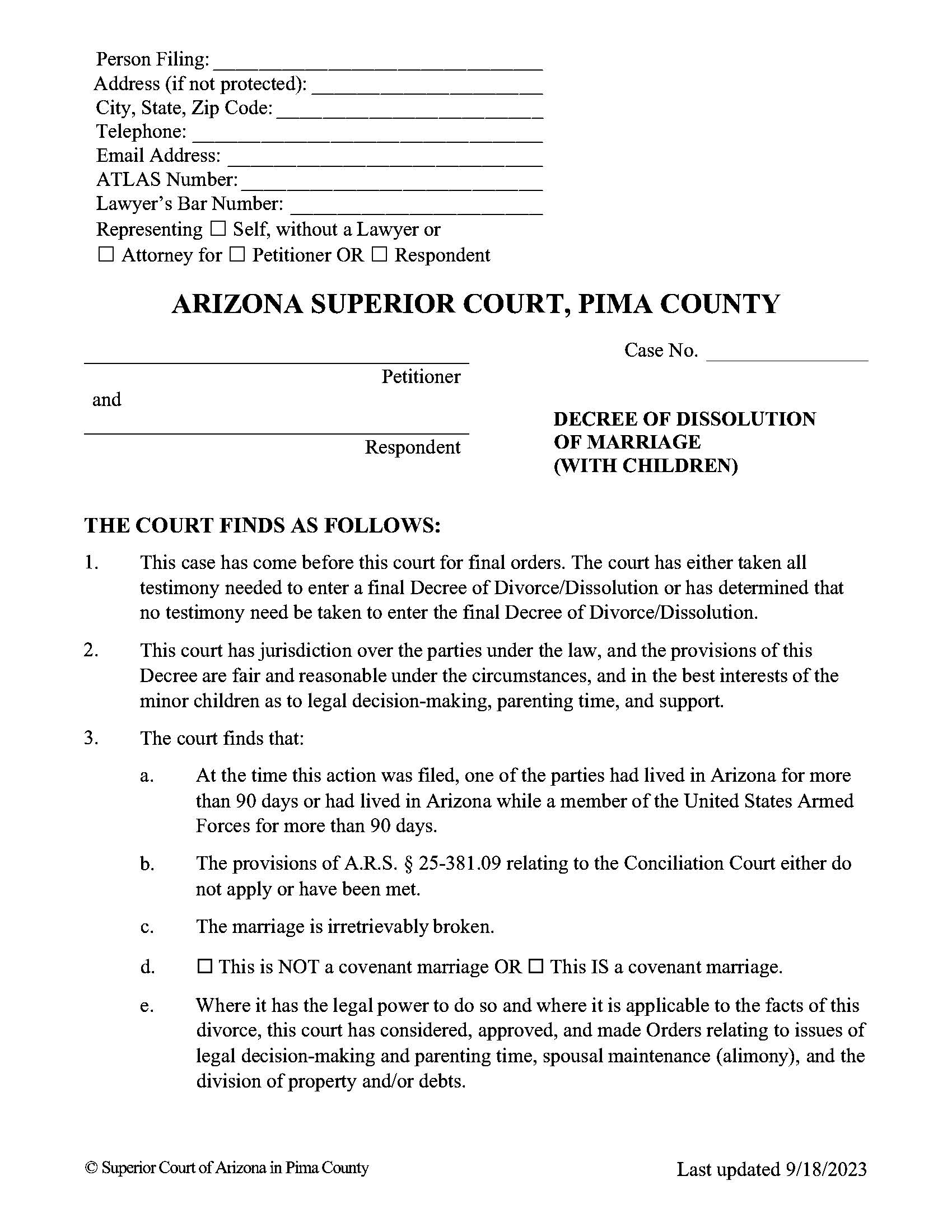 Decree Of Dissolution Of Marriage Divorce With Children | Pdf Fpdf Docx | Arizona