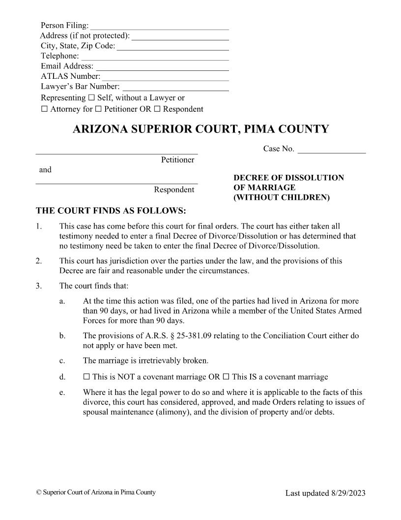 Decree Of Dissolution Of Marriage Divorce Without Children | Pdf Fpdf Docx | Arizona