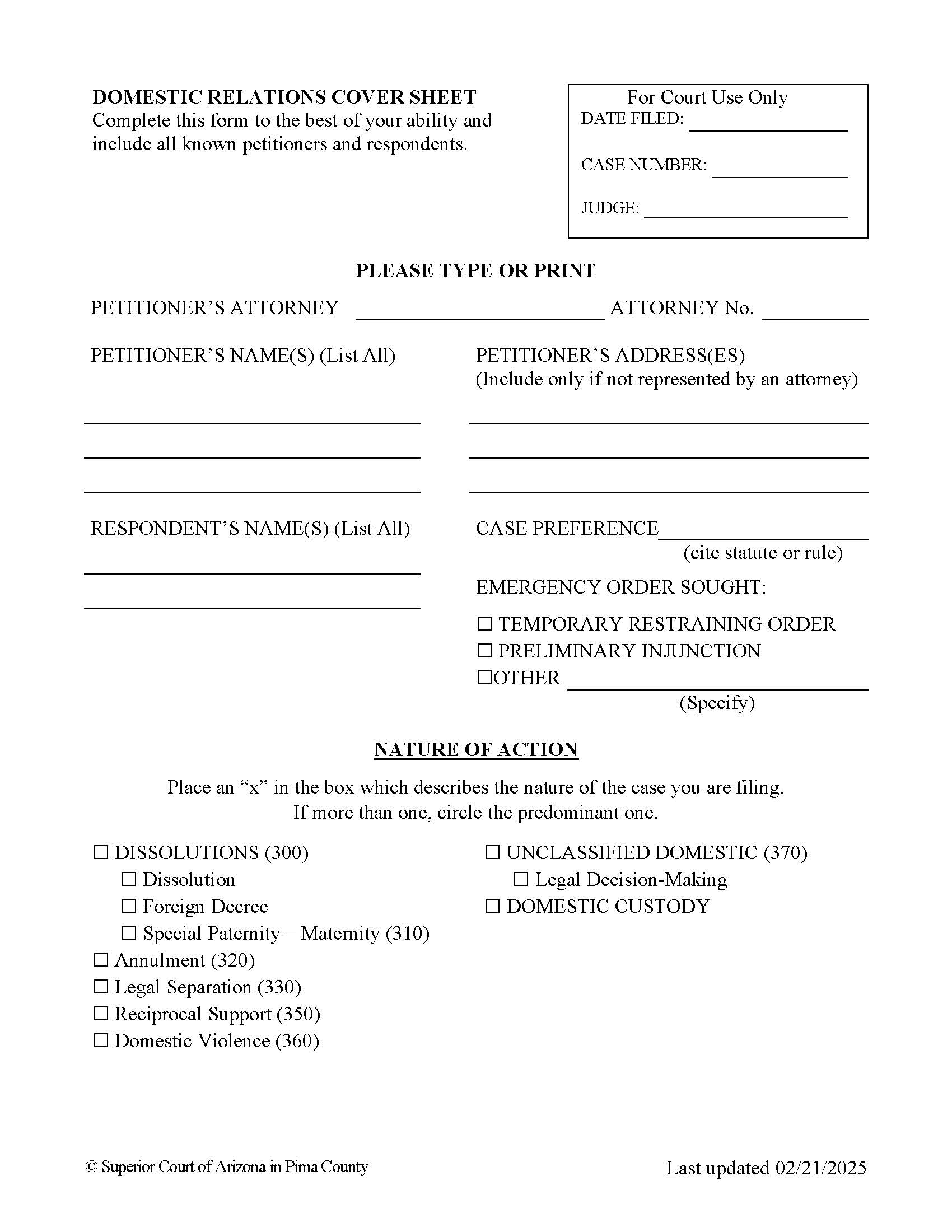 Domestic Relations Cover Sheet | Pdf Fpdf Doc Docx | Arizona