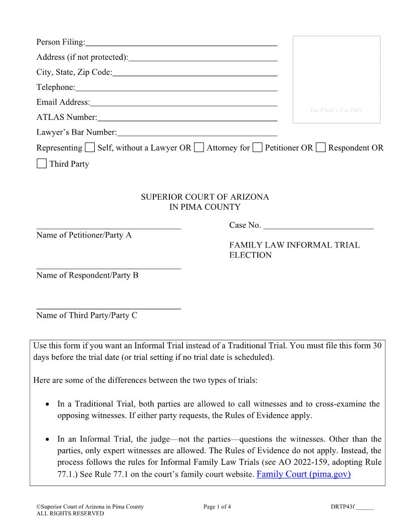 Family Law Informal Trial Election | Pdf Fpdf Docx | Arizona