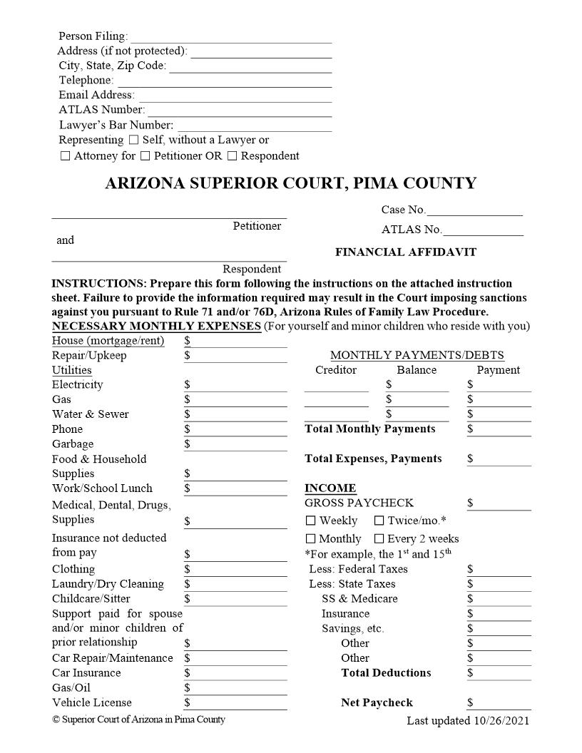 Financial Affidavit | Pdf Fpdf Docx | Arizona
