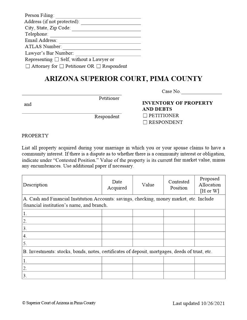 Inventory Of Property And Debt | Pdf Fpdf Doc Docx | Arizona