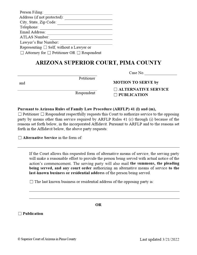 Motion To Serve By Alternative Service Publication | Pdf Fpdf Docx | Arizona