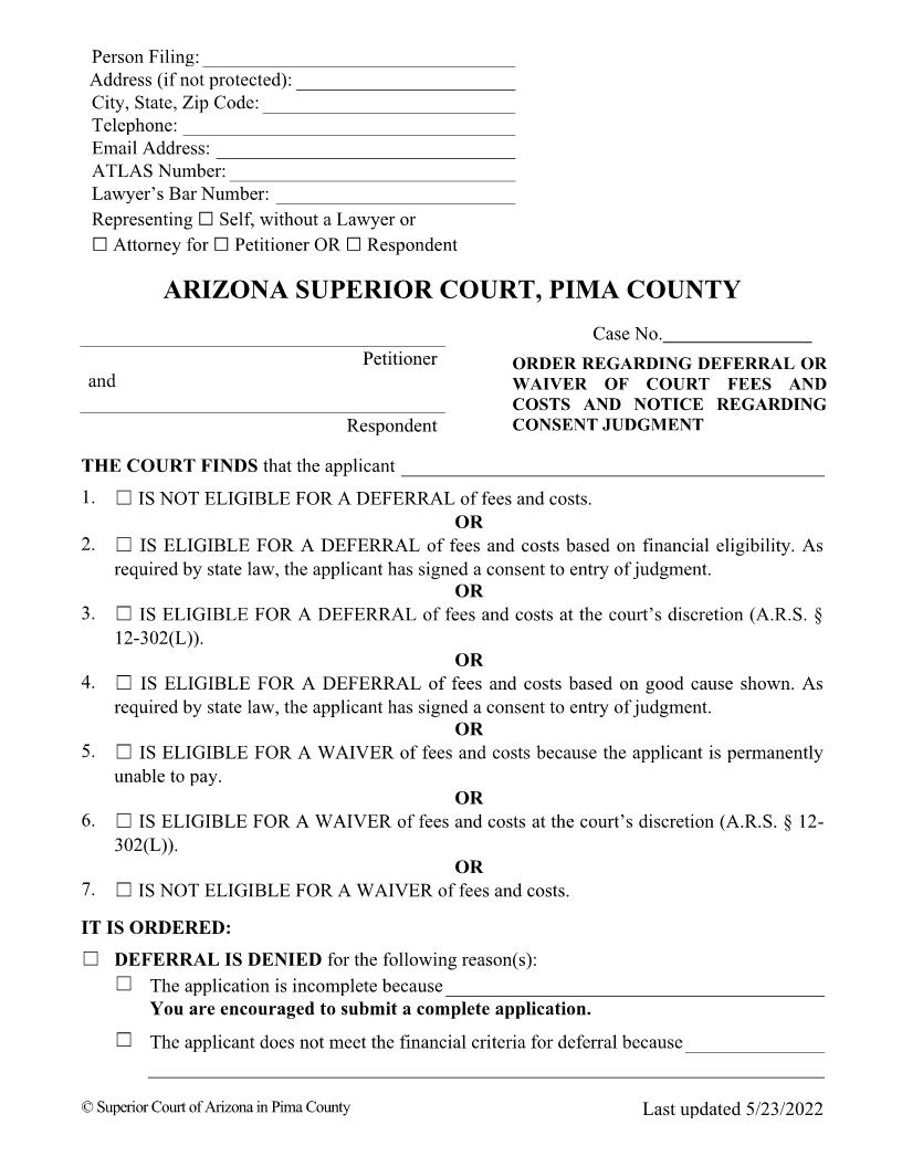 Order Regarding Deferral Of Court Fees And Or Costs | Pdf Fpdf Doc Docx | Arizona
