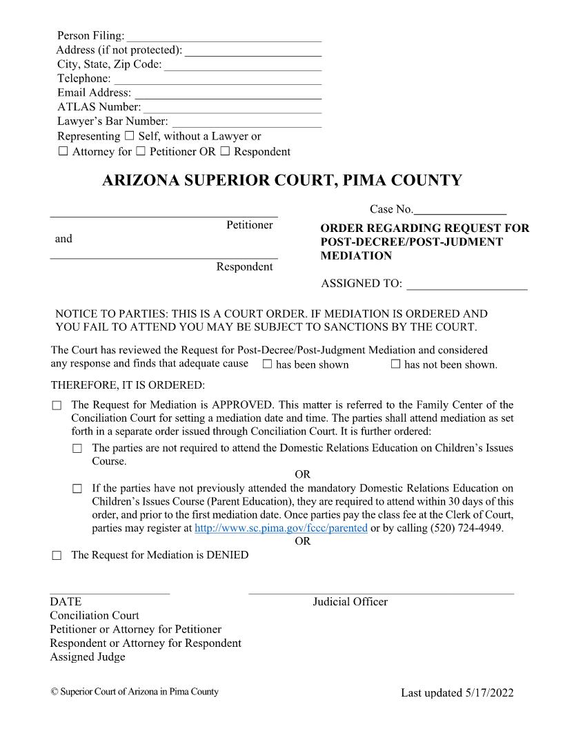Order Regarding Request For Post Degree Mediation | Pdf Fpdf Docx | Arizona