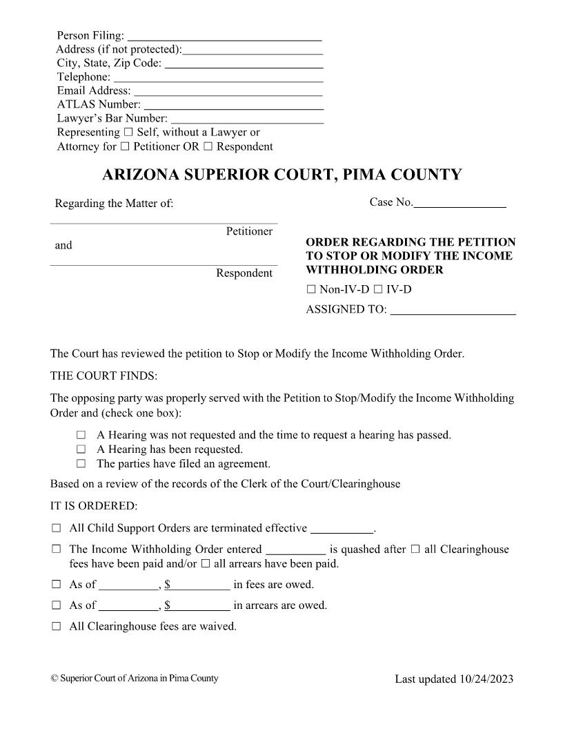 Order Regarding The Petition To Stop Or Modify IWO | Pdf Fpdf Docx | Arizona