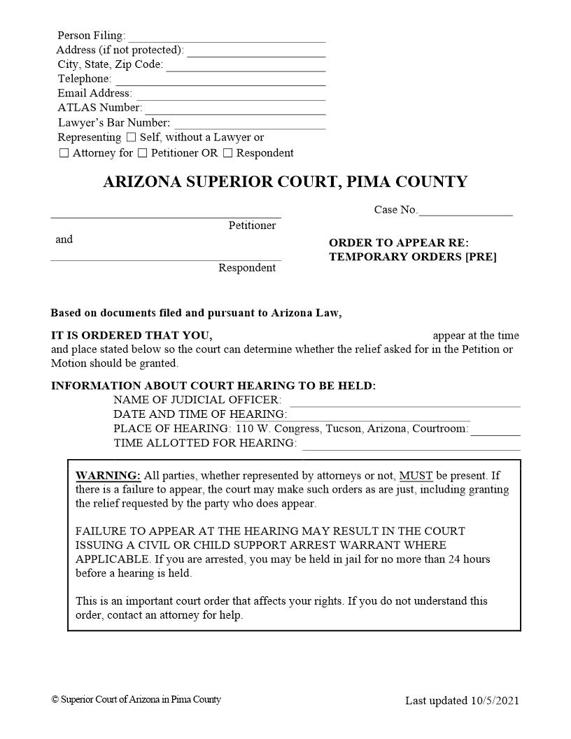 Order To Appear Re Temporary Orders | Pdf Fpdf Docx | Arizona