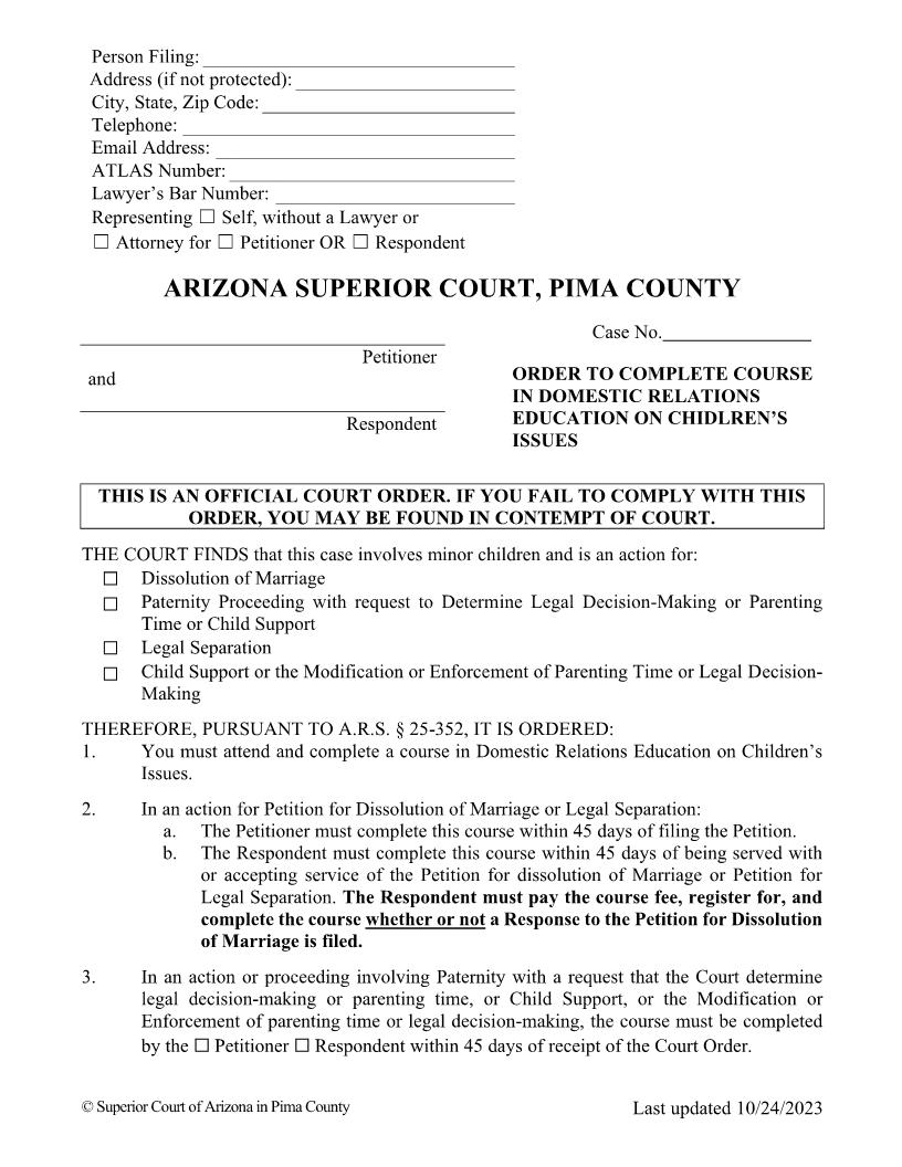 Order To Complete Course In Domestic Relations Education | Pdf Fpdf Doc Docx | Arizona