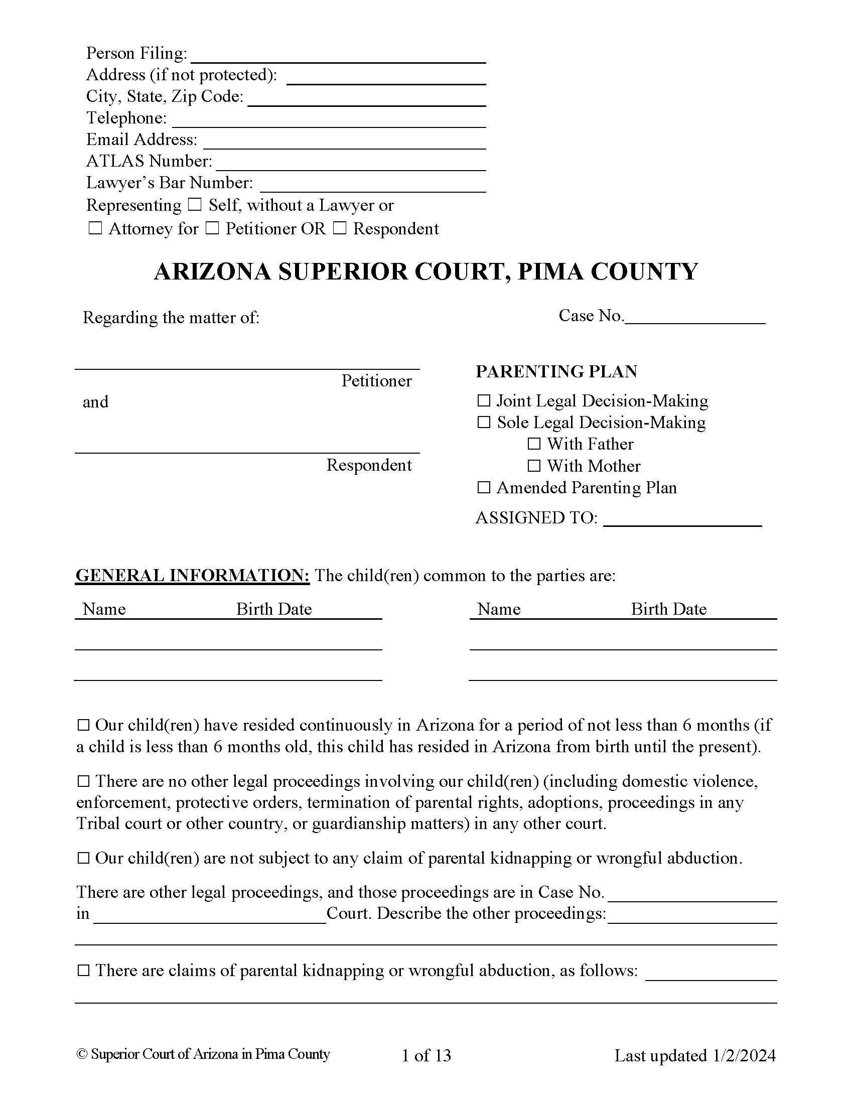 Parenting Plan Joint Or Sole Legal Decision Making | Pdf Fpdf Doc Docx | Arizona