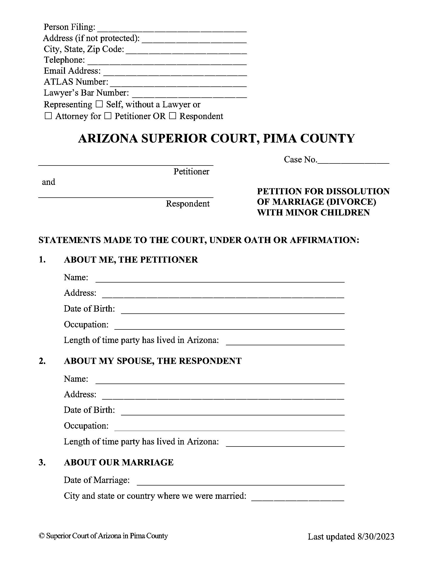 Petition For Dissolution Of Marriage Divorce With Minor Children | Pdf Fpdf Doc Docx | Arizona
