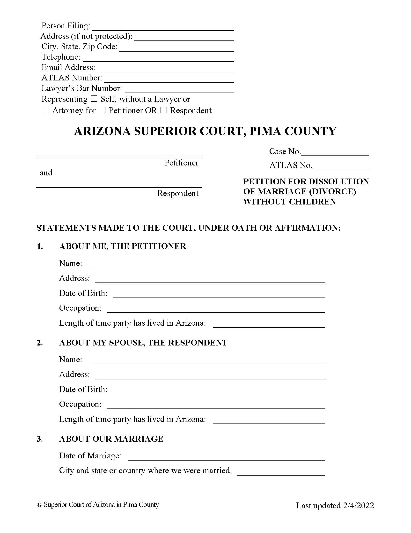 Petition For Dissolution Of Marriage Divorce Without Children | Pdf Fpdf Doc Docx | Arizona