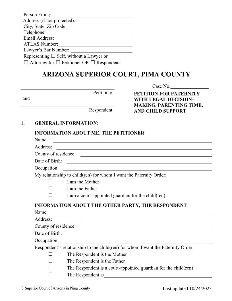 Petition For Paternity With Legal Decision Making | Pdf Fpdf Docx | Arizona